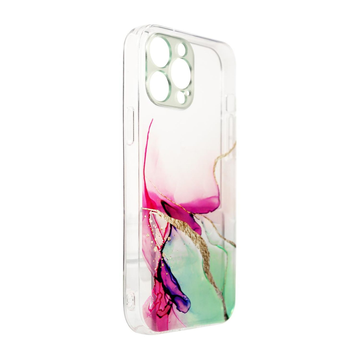 Transparente Handyhülle mit farbenfroher abstrakter Kunst. Rosa, grün und gold.