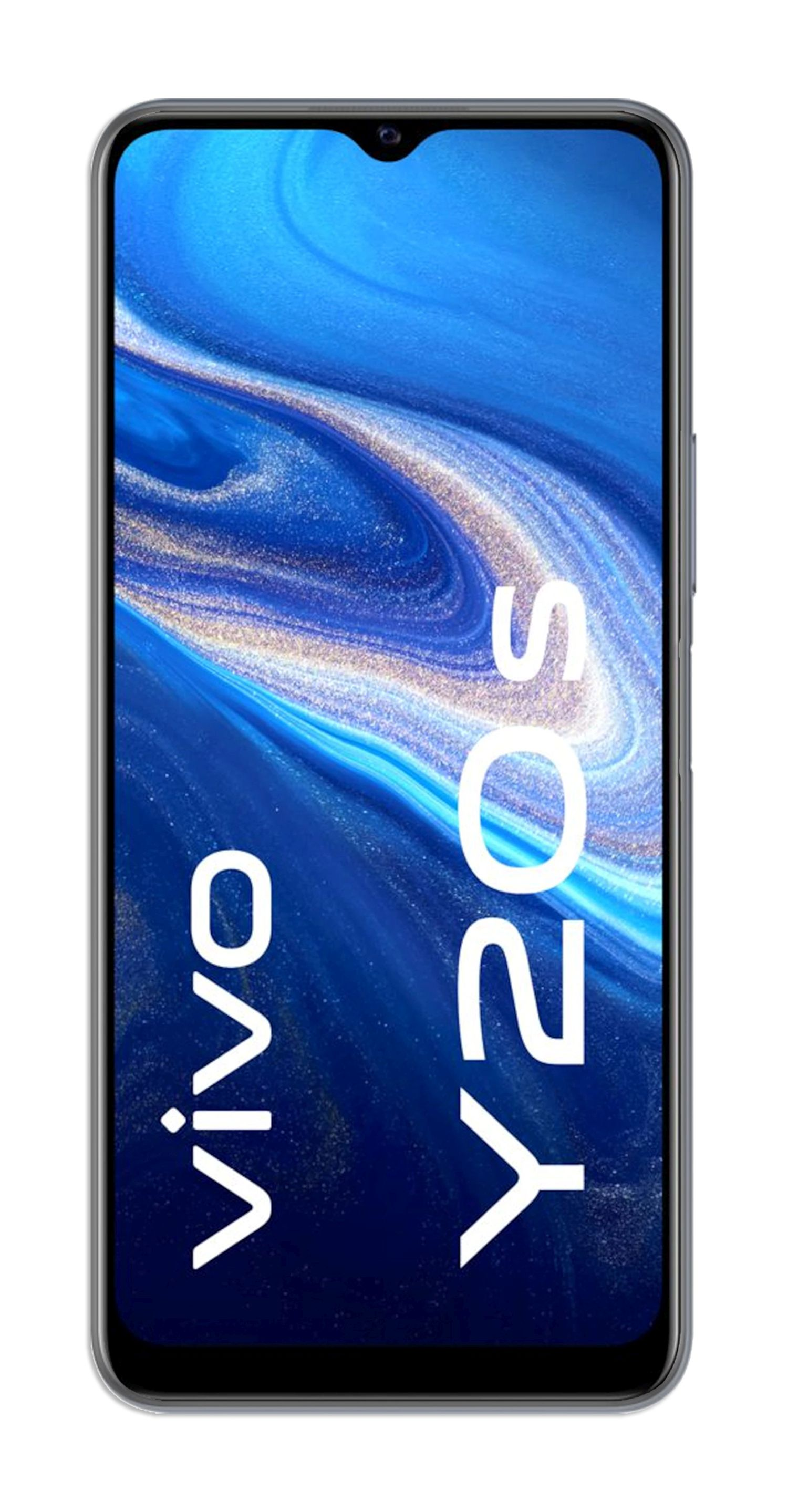 Vivo Y20s Telefon, Bildschirm mit blauem und weißem abstraktem Design. Weißer Hintergrund.