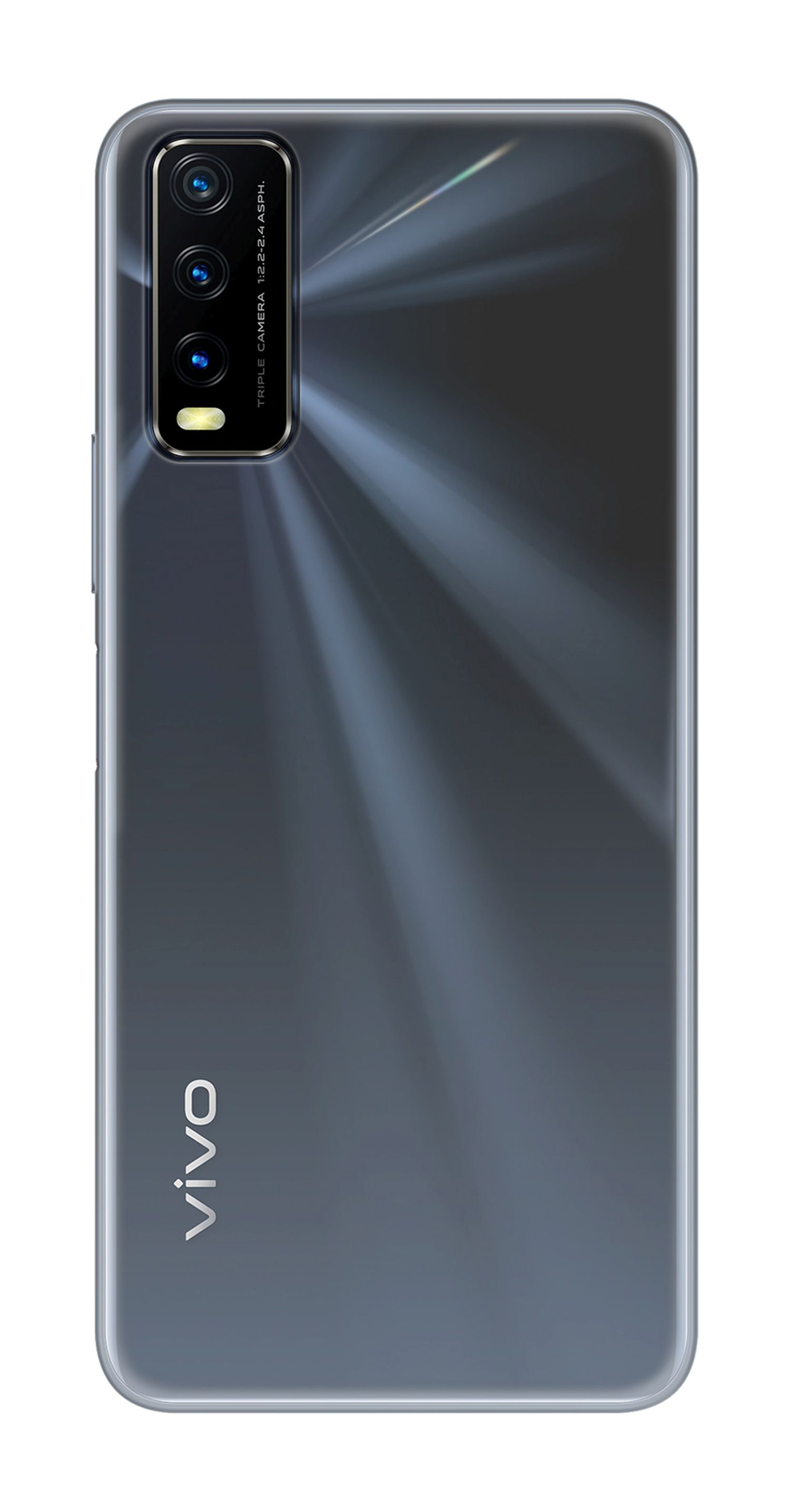 Rückseite eines grauen Telefons mit Dreifachkameras. Vivo-Logo unten.