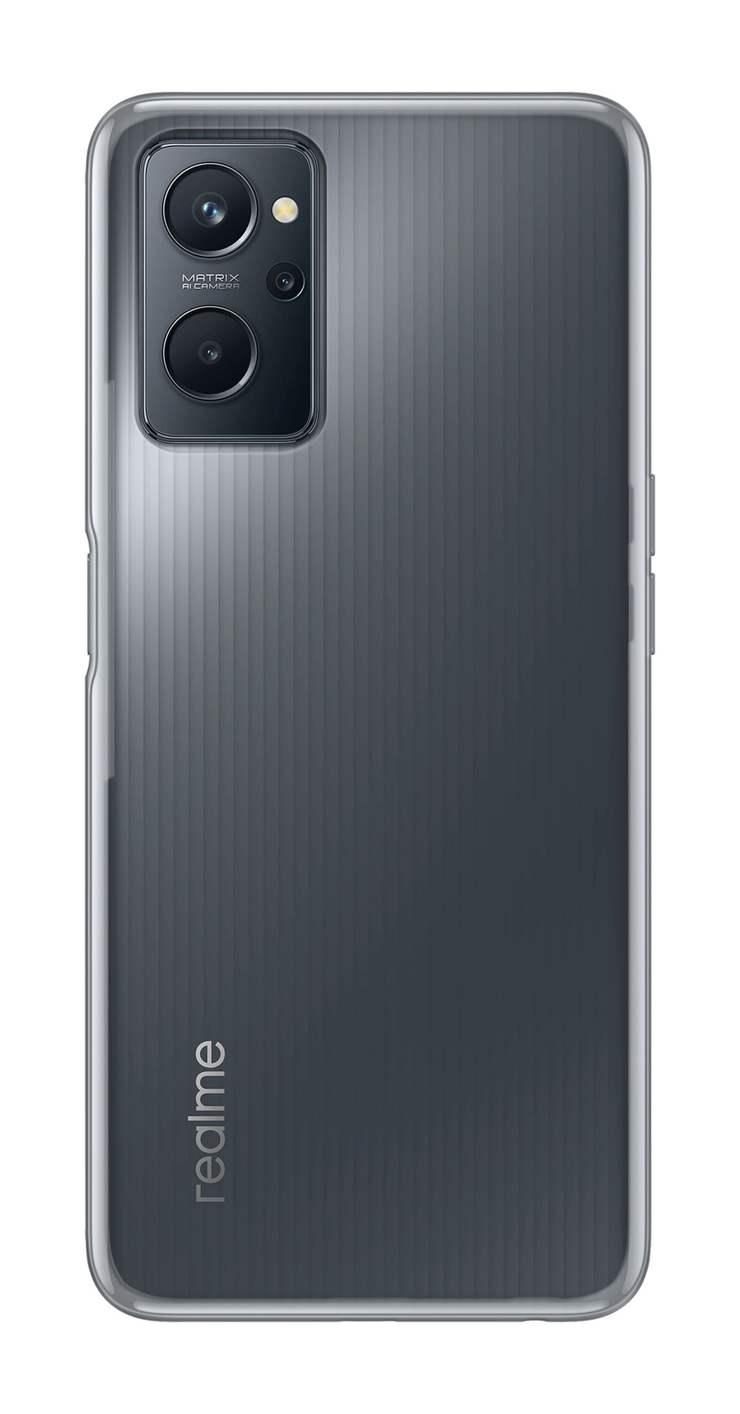 Graue Smartphone-Rückansicht mit Dual-Kamera und realme-Logo.