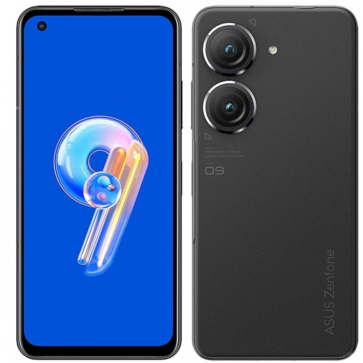 Ein Smartphone mit zwei Kameras auf der Rückseite und dem Bildschirm auf der Vorderseite. Das Telefon ist schwarz.