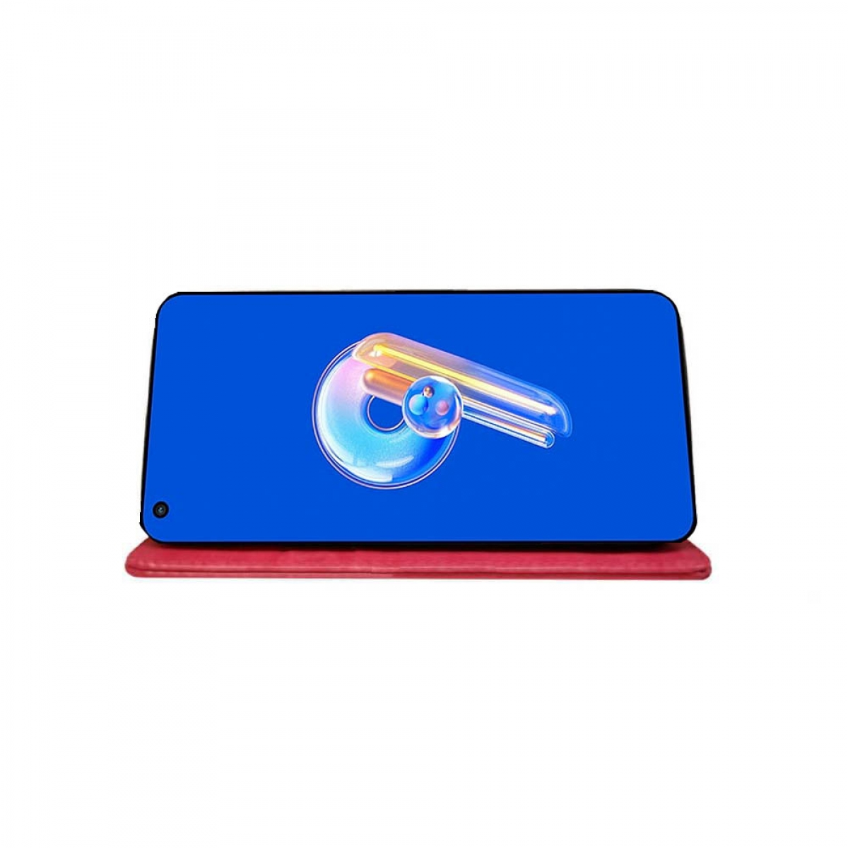 Eine rote Handyhülle mit blauem Bildschirm. Das Telefon befindet sich in einer Brieftaschenhülle.