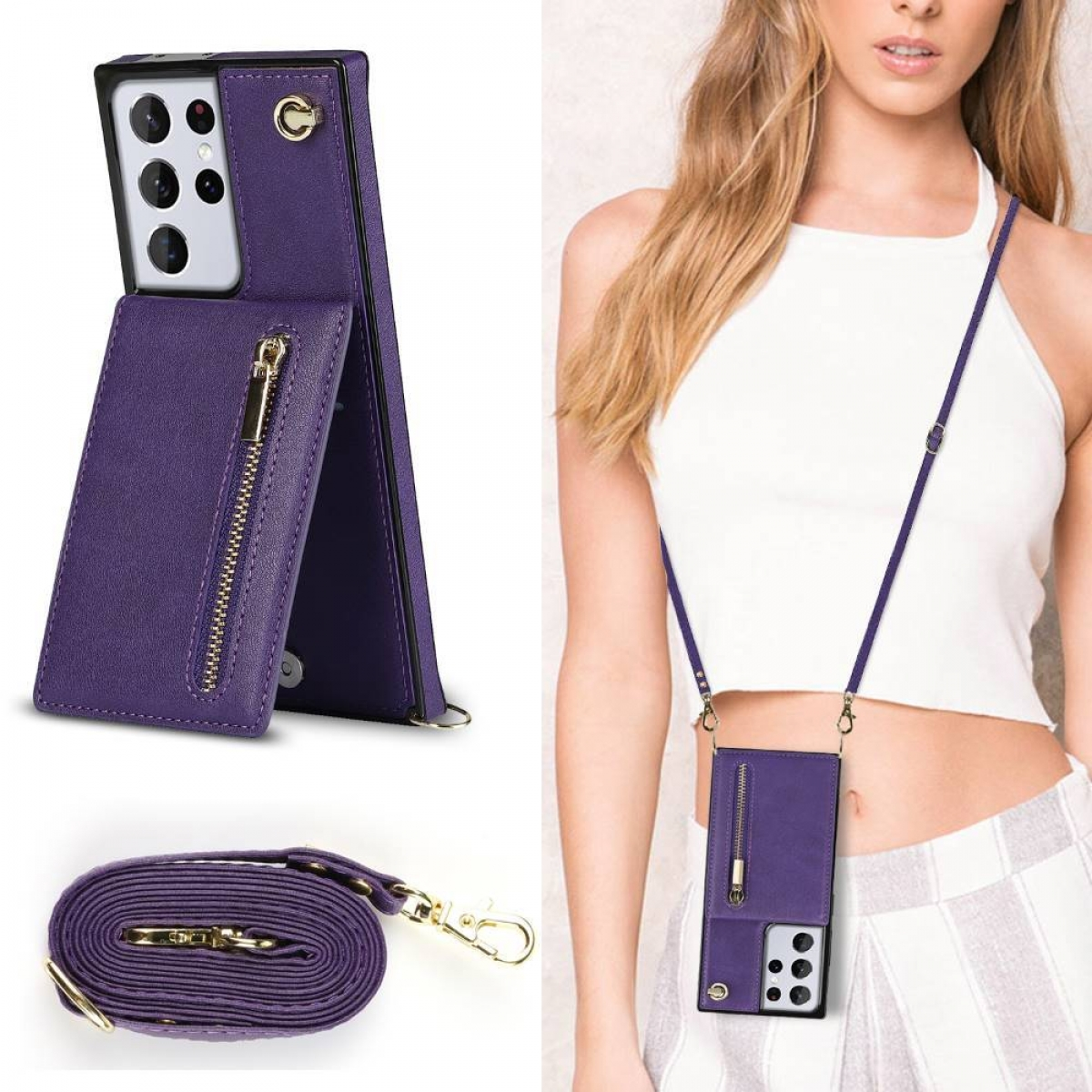 Lila Handyhülle mit Reißverschluss-Geldbörse, getragen von einer Frau. Inklusive Riemen. Zusätzliche Hülle an der Seite.