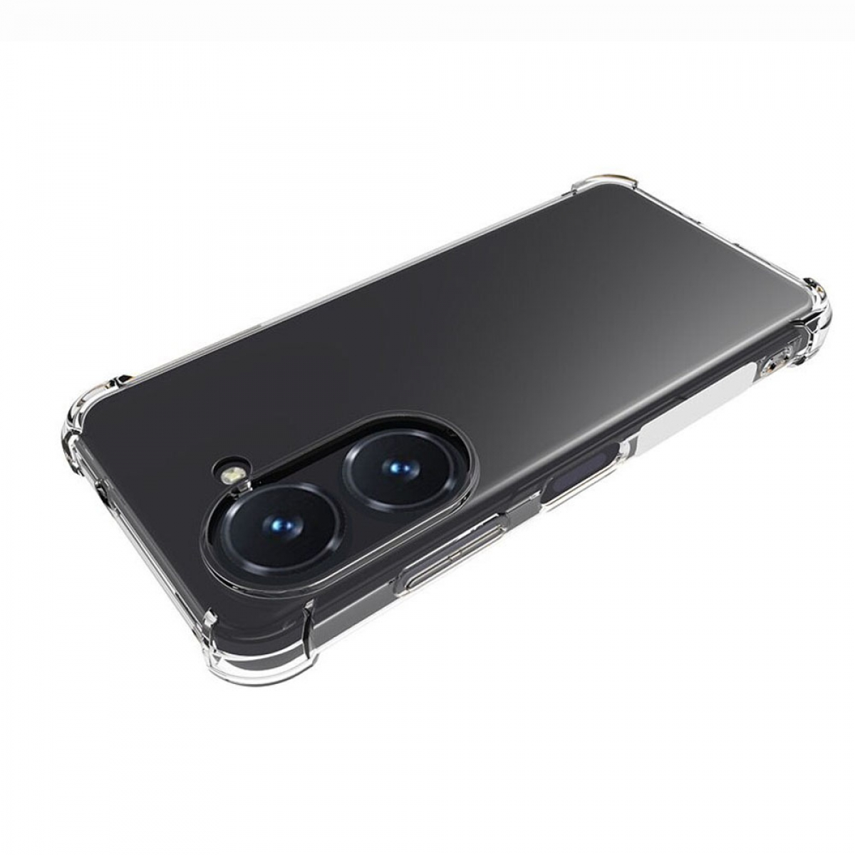 Transparente Handyhülle mit Telefon. Das Telefon hat Kameras und einen Blitz.