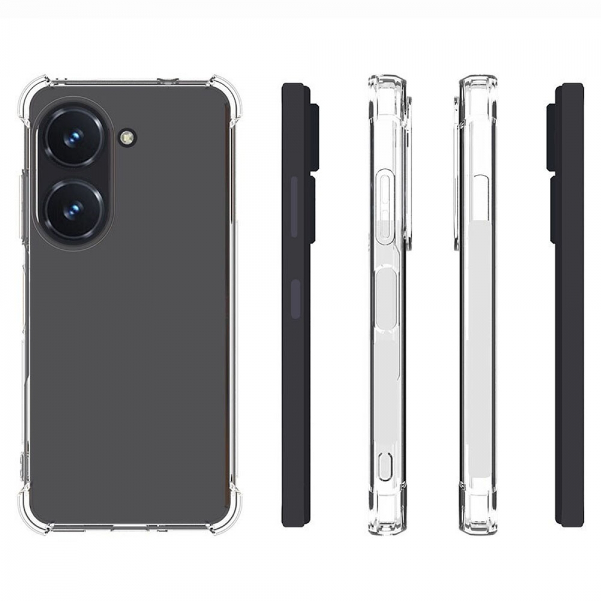 Handyhülle, transparent mit schwarzen Rändern, verschiedene Ansichten des Telefons.