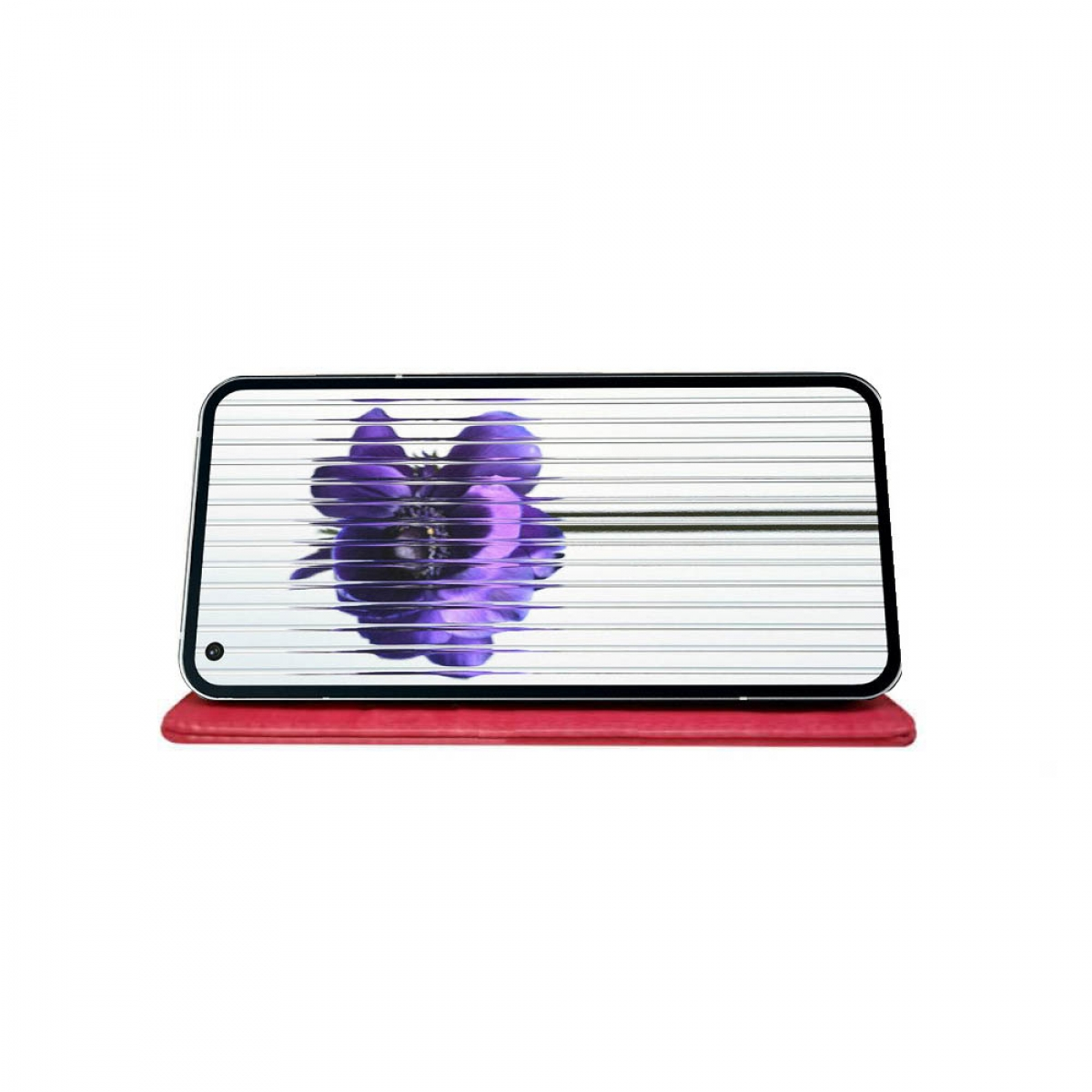 Ein Telefon in einer roten Hülle zeigt ein lila Blumenbild mit horizontalen Linien darüber.