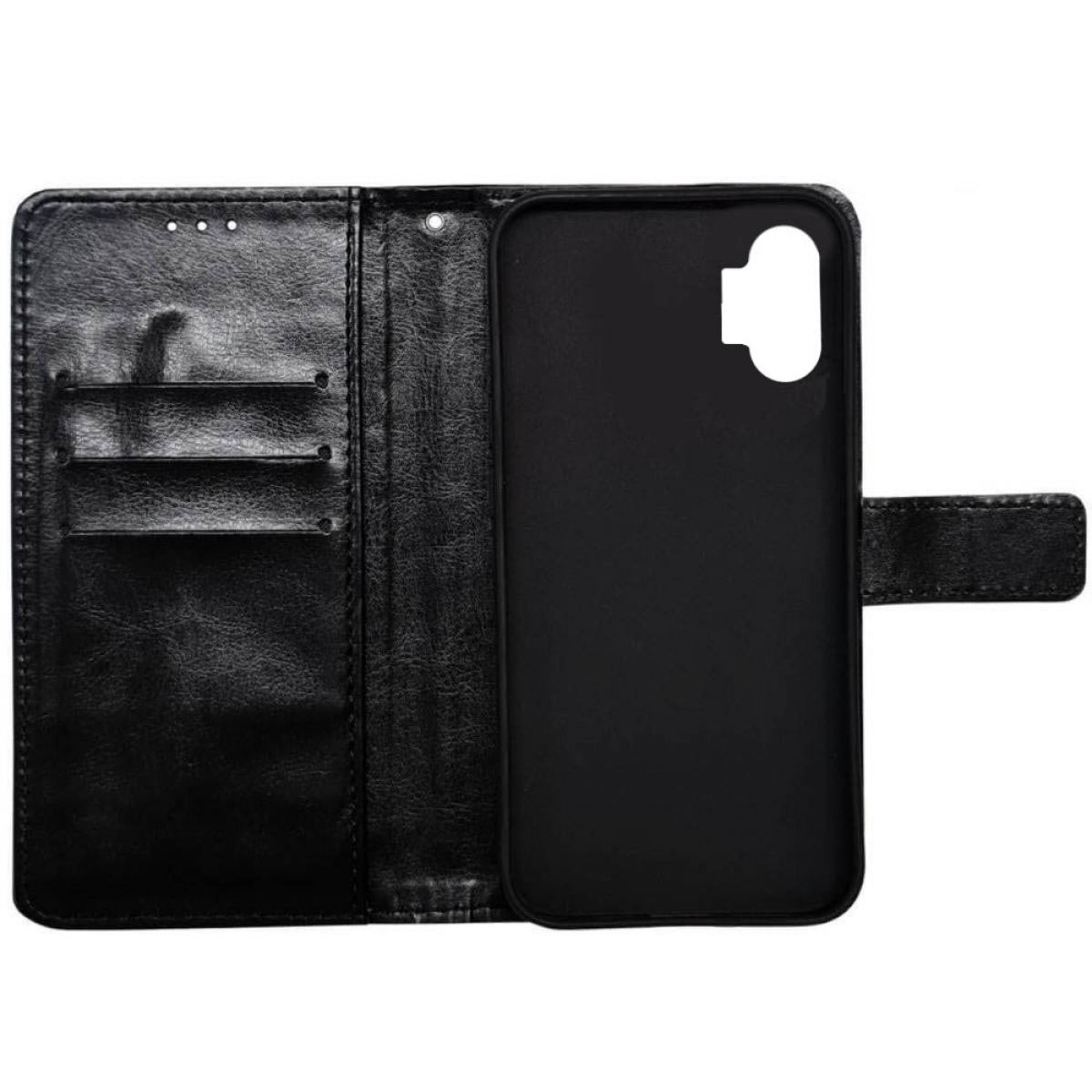 Schwarze Leder-Handyhülle offen. Telefon nicht sichtbar. Innen schwarz.