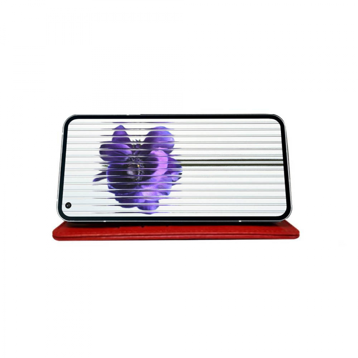 Ein Smartphone mit einem Display, das eine lila Blume zeigt, verzerrt durch horizontale Linien.