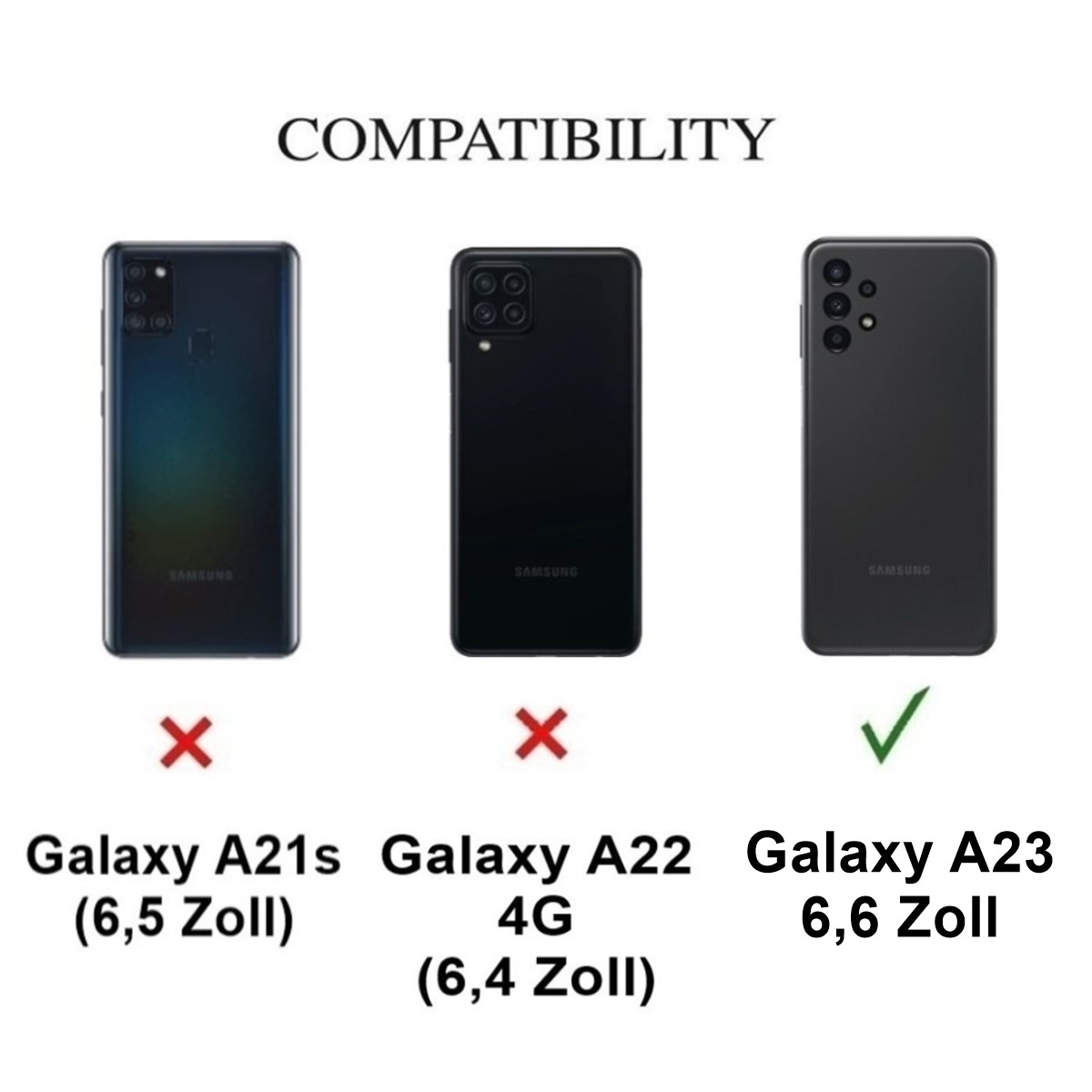 Drei Telefone werden gezeigt. Das Galaxy A23 ist kompatibel, das Galaxy A21s und A22 nicht.