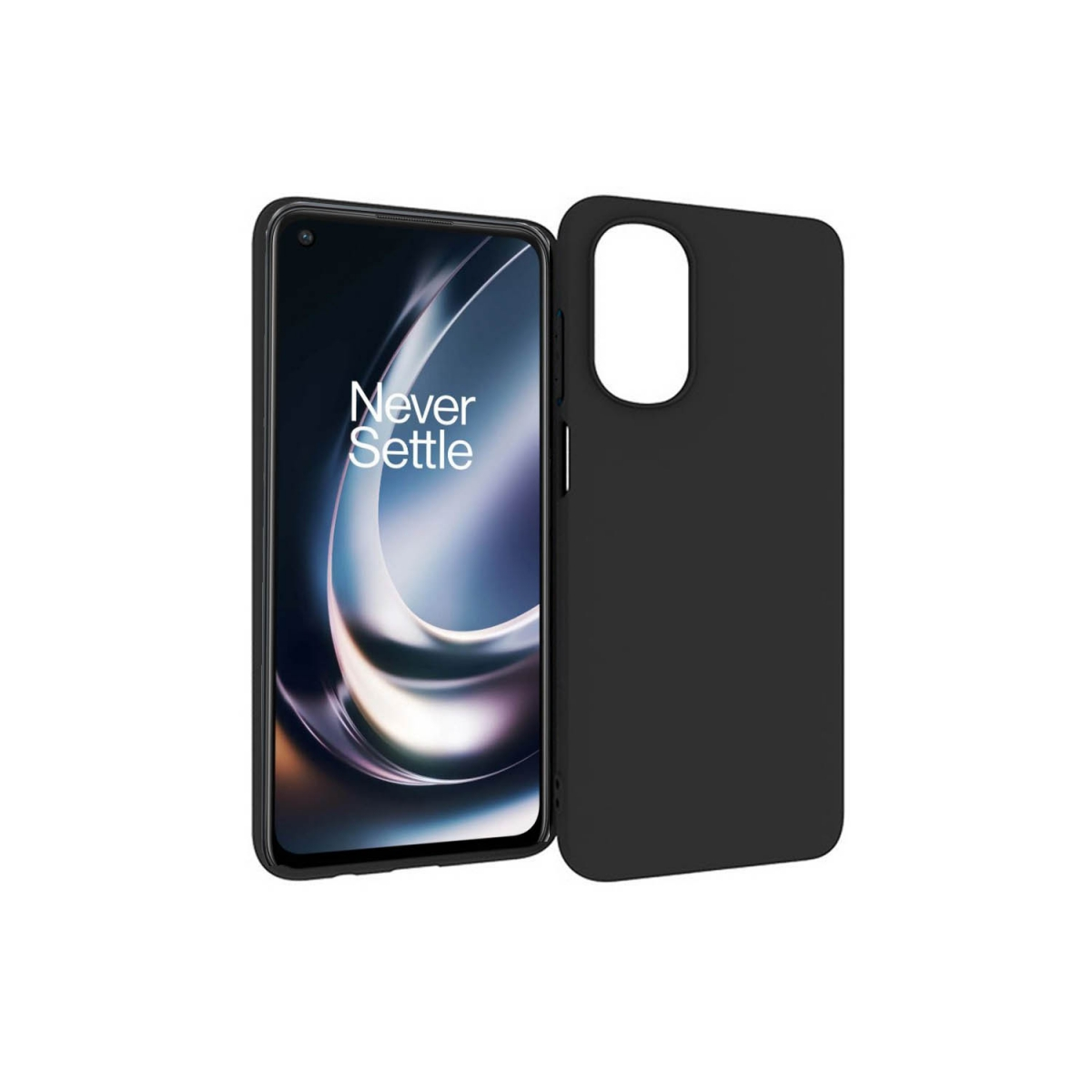 Schwarze Handyhülle mit einem Telefon, das die Nachricht 'Never Settle' zeigt.