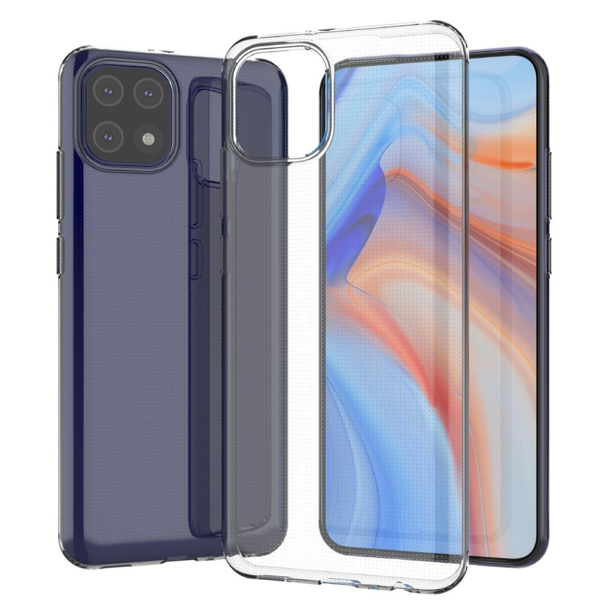 Blaue und transparente Handyhüllen, eine zeigt Telefon, weißer Hintergrund.