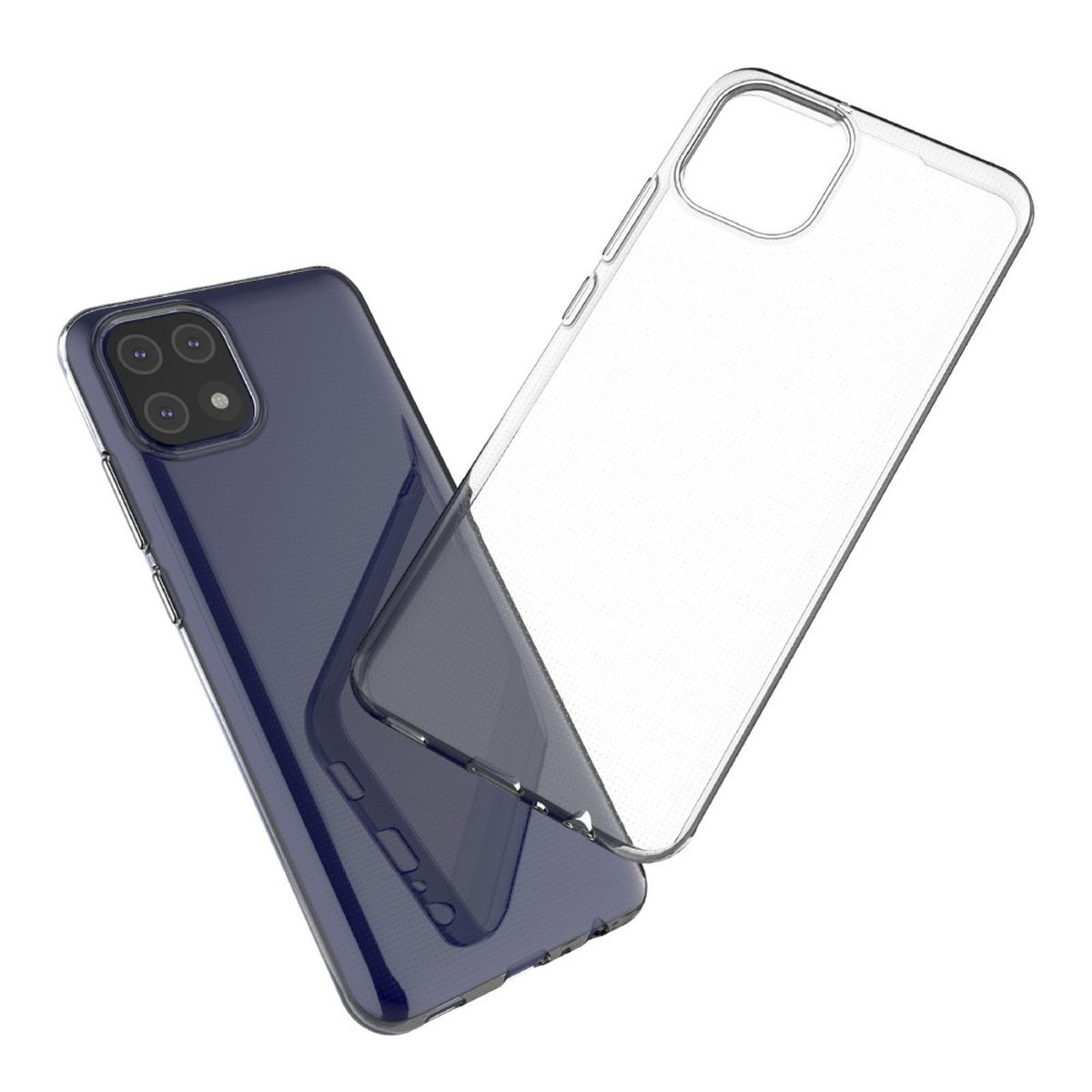 Zwei Handyhüllen, eine blaue, eine transparente, mit Goldakzenten, zeigen die Rück- und Seitenansicht.