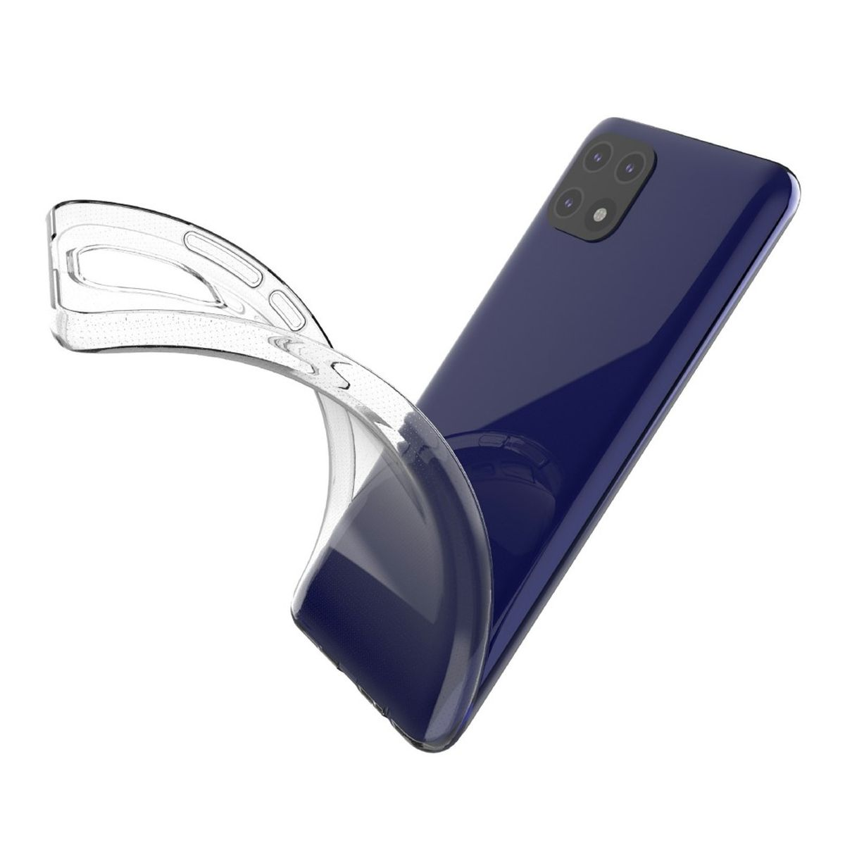 Transparente Handyhülle, gebogen, um Flexibilität zu zeigen. Im Hintergrund ein blaues Telefon.