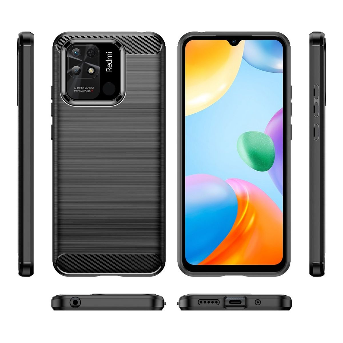 Telefon mit schwarzer Hülle, mehrere Ansichten. Zeigt Rückseite mit Kamera, Vorderseite mit Bildschirm und Seitendetails.