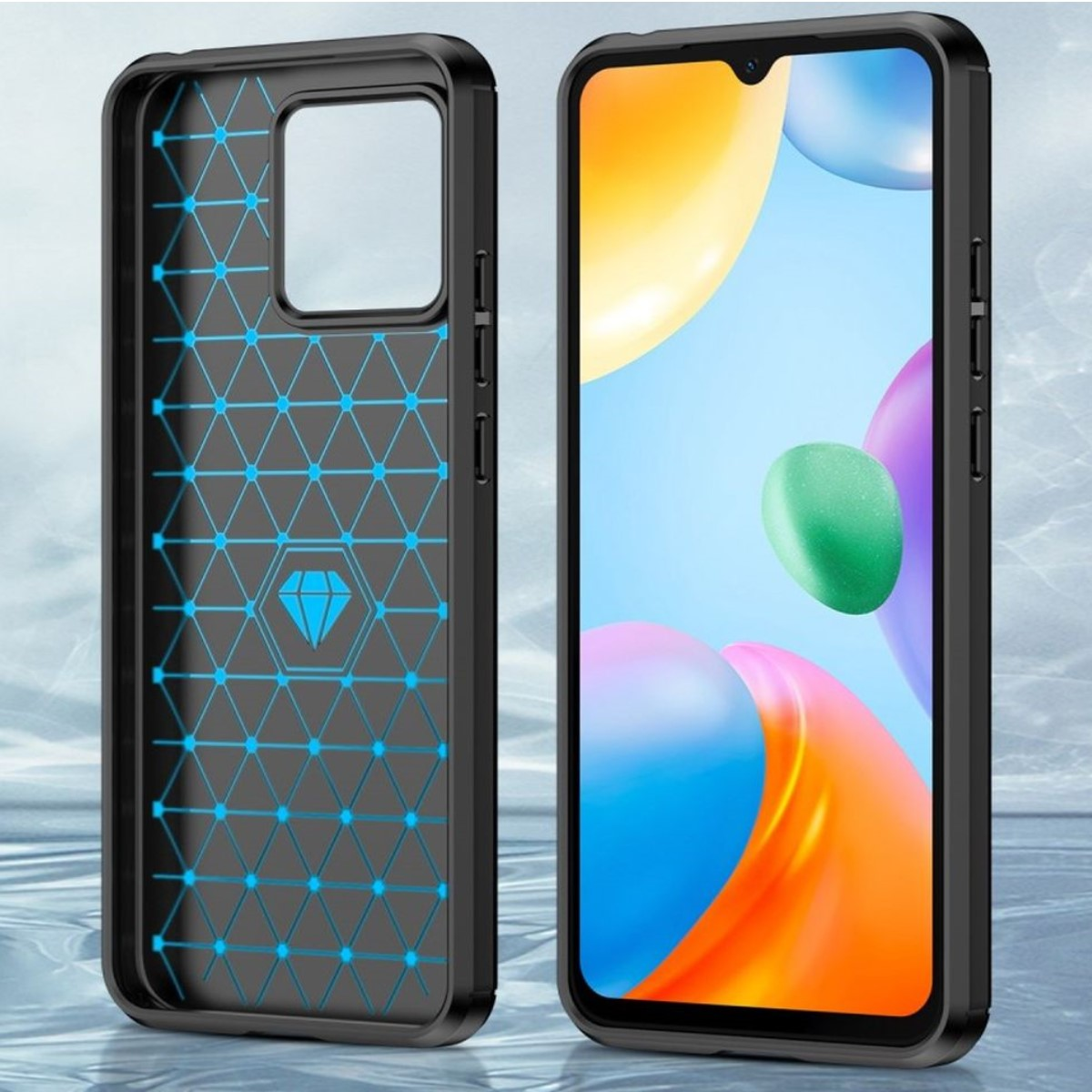 Eine schwarze Handyhülle mit blauem geometrischen Muster. Ein Telefon mit blauem Bildschirm ist darin.