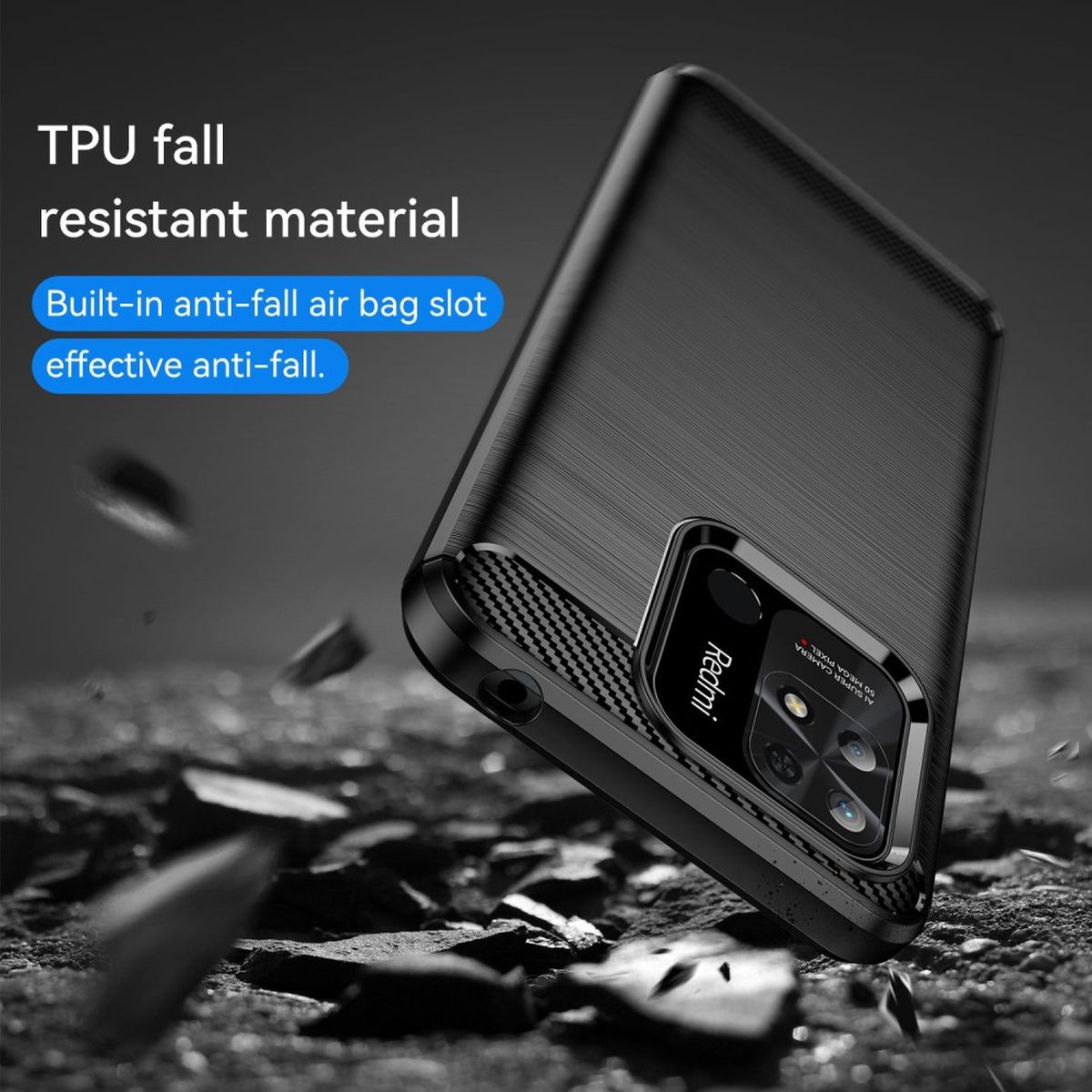 Schwarze Handyhülle mit strukturierter Rückseite. Text: TPU-fallfestes Material.
