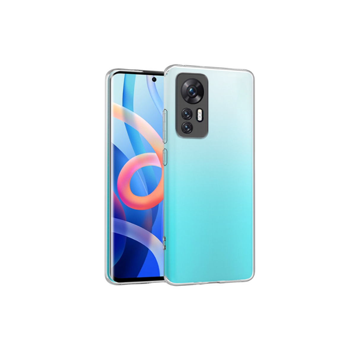 Ein Telefon mit grün-blauem Farbverlauf auf der Rückseite und klarer Hülle.