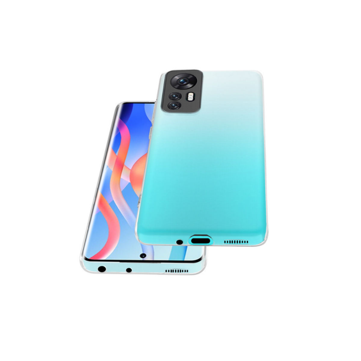 Türkisfarbene Handyhülle mit Telefon, zeigt Kamera und Ränder.