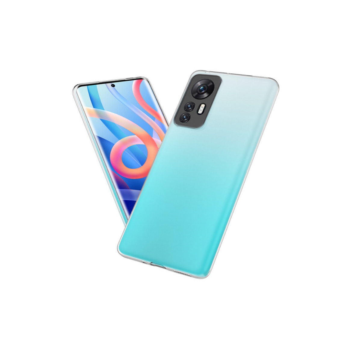 Telefon mit Schutzhülle in einem durchsichtigen Case und Rückseite mit mehreren Kameras.