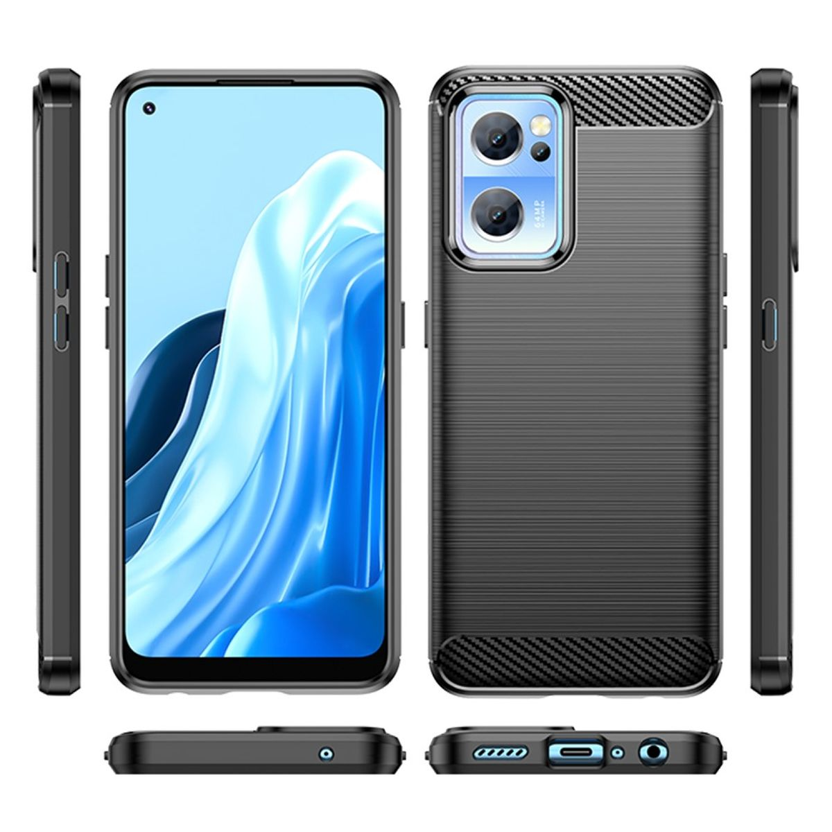 Ein schwarzes Telefon in einer schwarzen Hülle mit Seiten- und Rückansicht wird gezeigt.