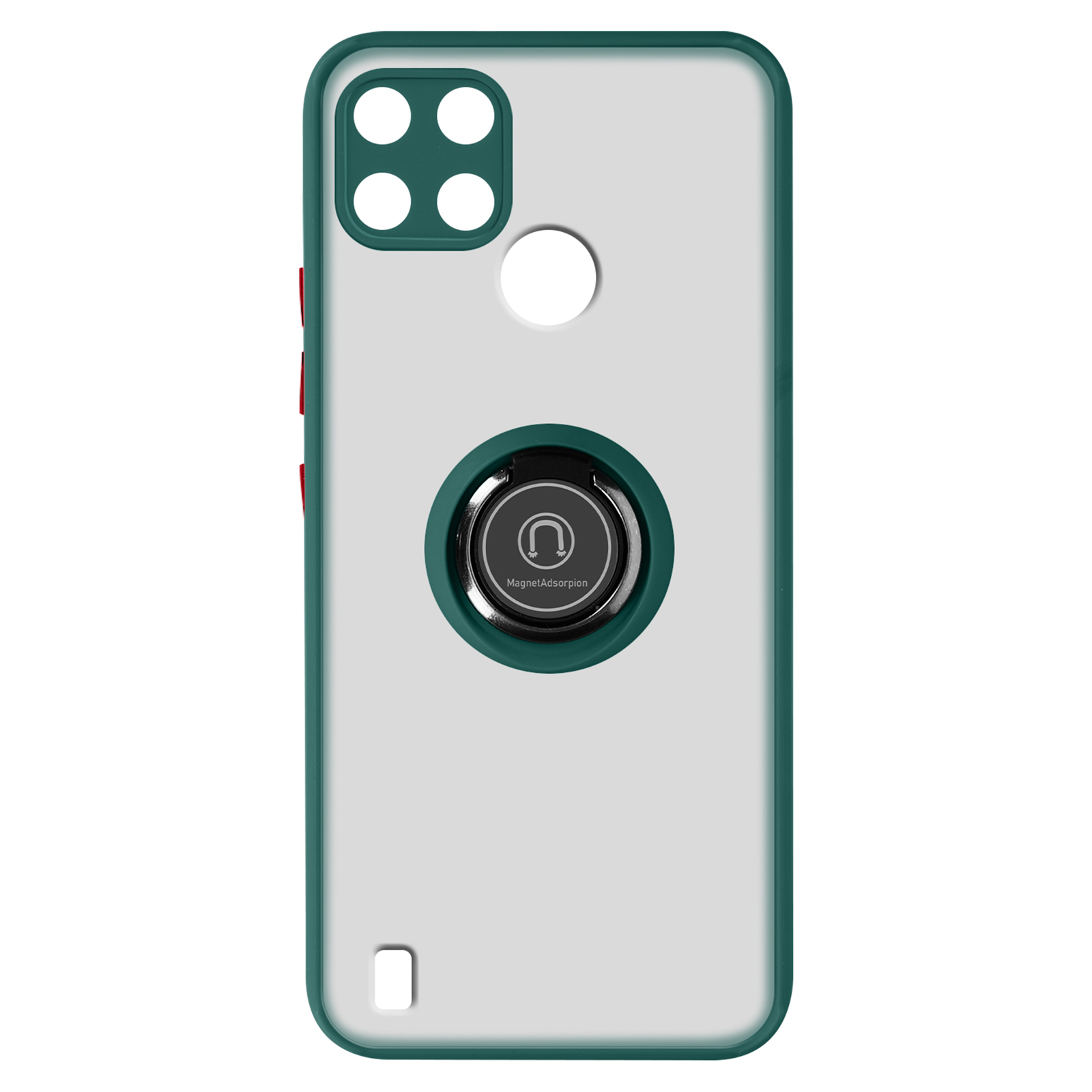 Custodia trasparente per telefono con bordo verde e supporto ad anello.