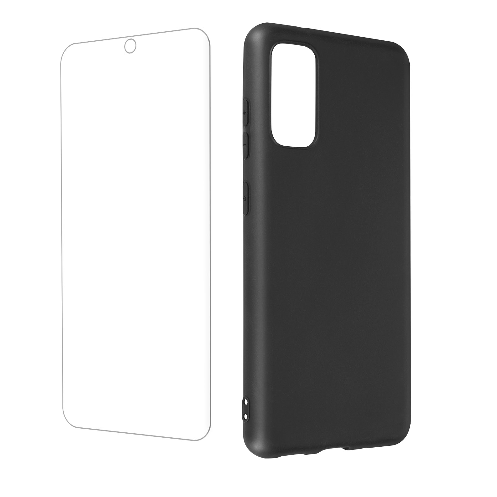 Una custodia per telefono nera e una protezione per lo schermo sono in mostra. Sono su uno sfondo bianco.