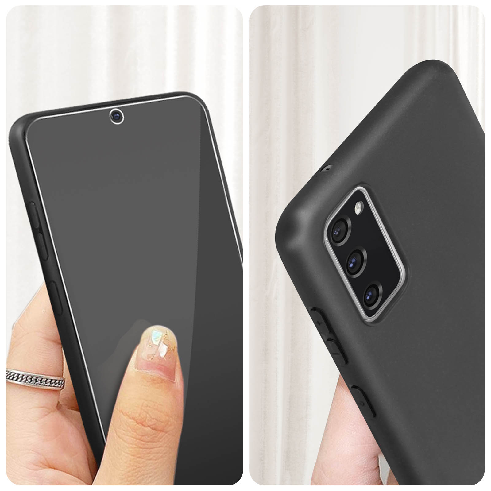 Due immagini del telefono in custodia nera. Una mostra una mano e lo schermo, l'altra mostra la fotocamera.