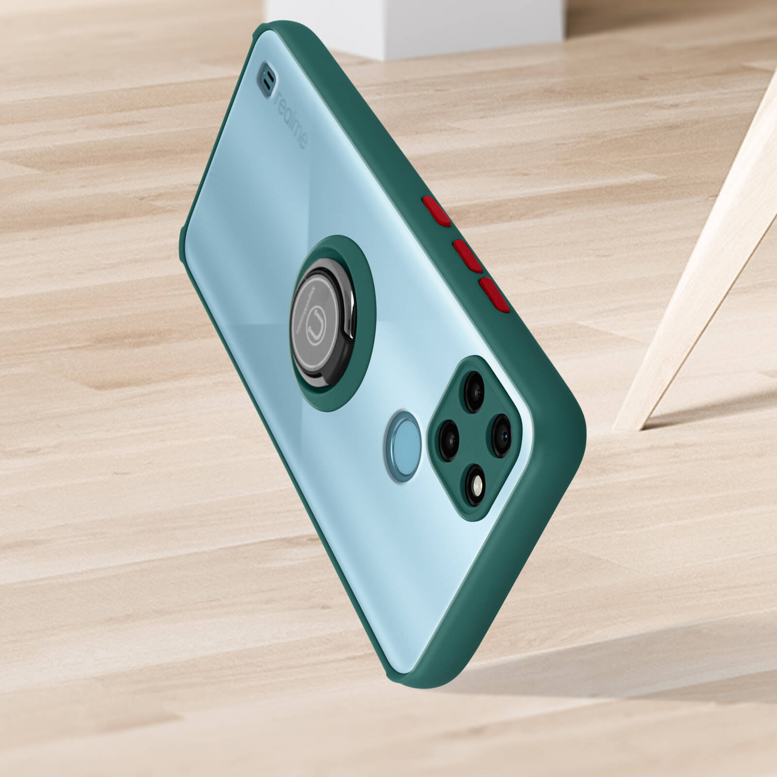Custodia verde per telefono su legno. Telefono con supporto ad anello, pulsanti rossi e fotocamera.
