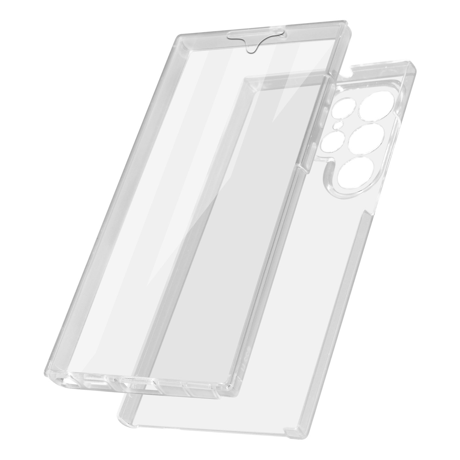 Coque de téléphone transparente en deux parties. La coque est séparée, révélant un protecteur d'écran transparent.