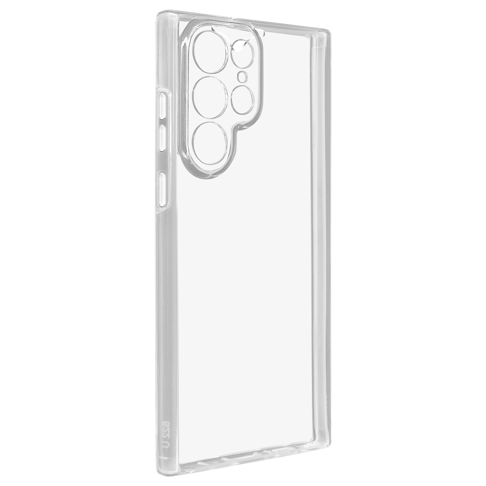 Une coque de téléphone transparente, montrant l'arrière d'un téléphone. La coque est transparente.