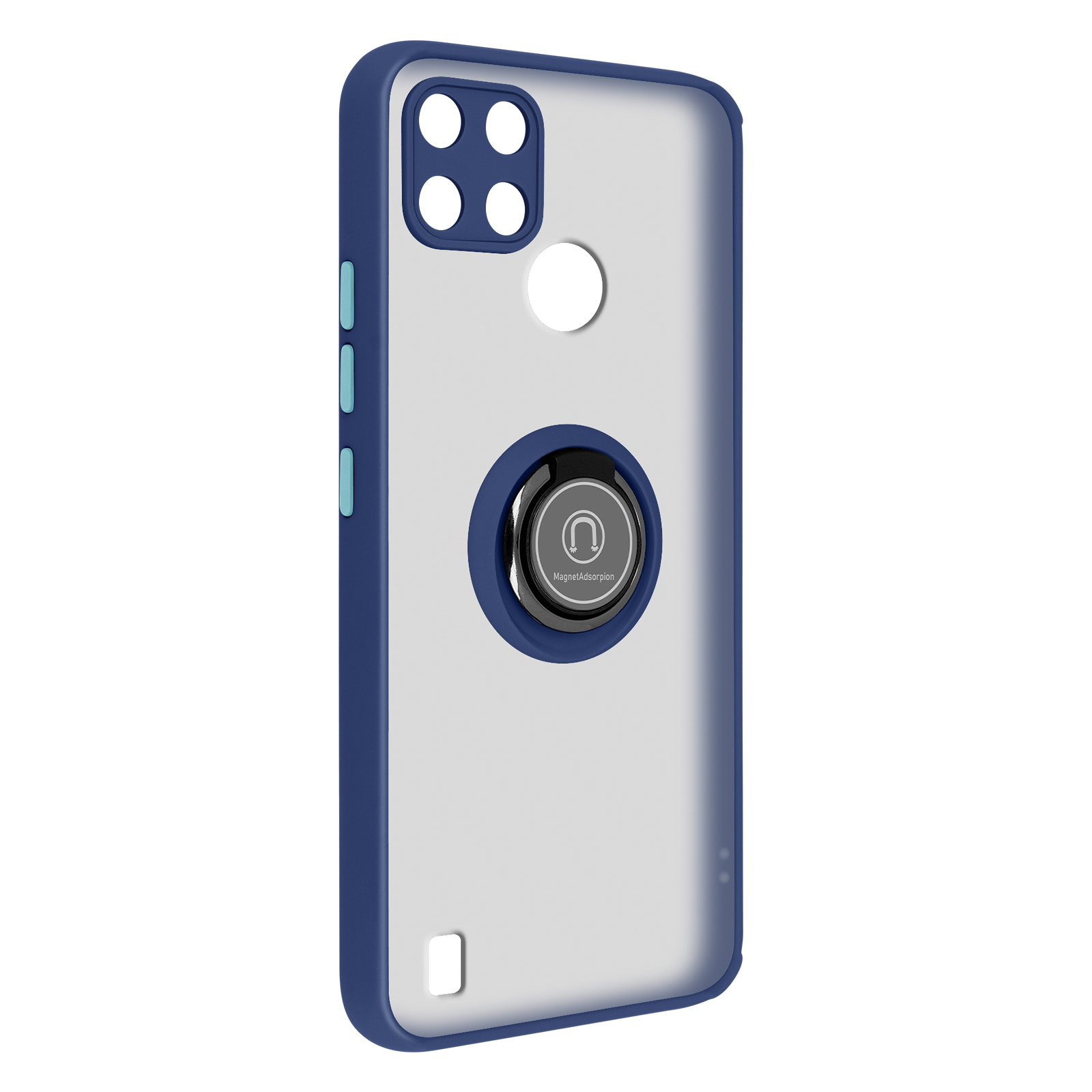 Una custodia per telefono blu con retro trasparente, un supporto ad anello e ritagli per la fotocamera, sfondo bianco.