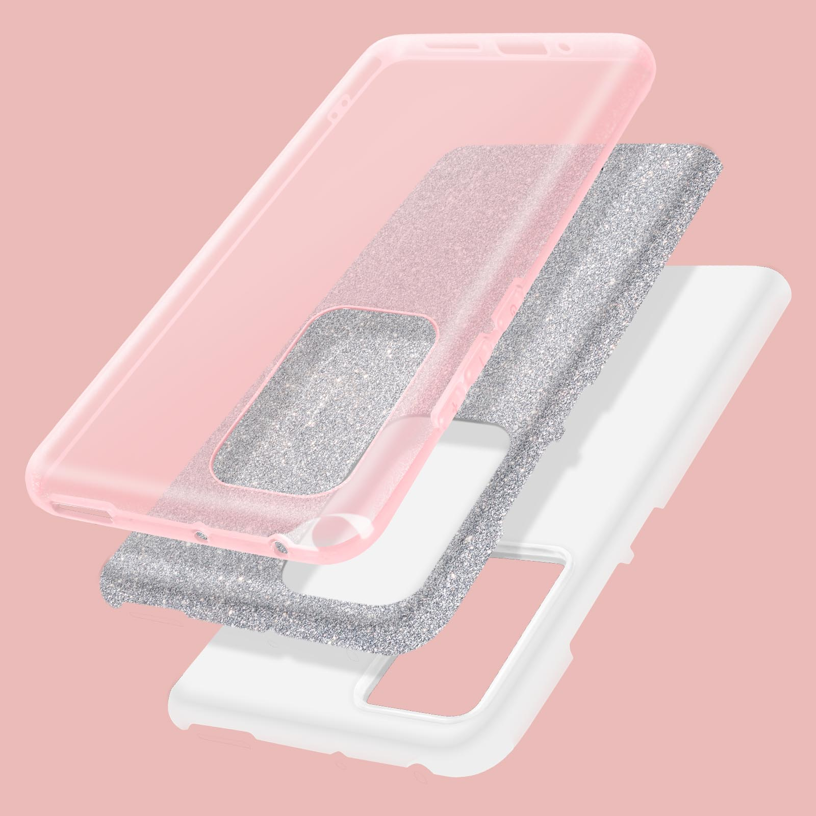 Custodia per telefono a tre strati. Strati rosa, glitter argento e bianchi. Sfondo rosa.