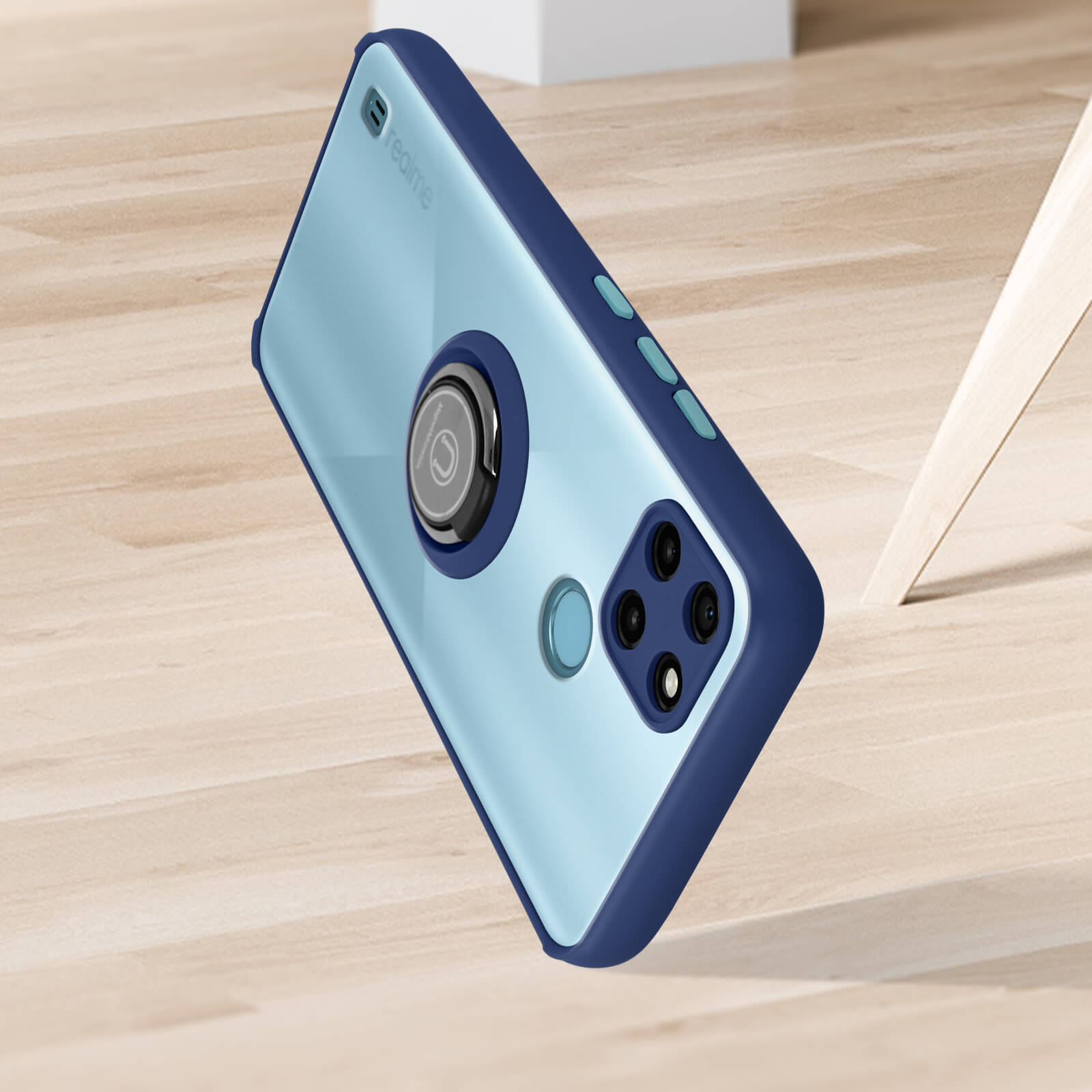 Una custodia per telefono con sezione fotocamera, supporto ad anello e parti blu e trasparenti.