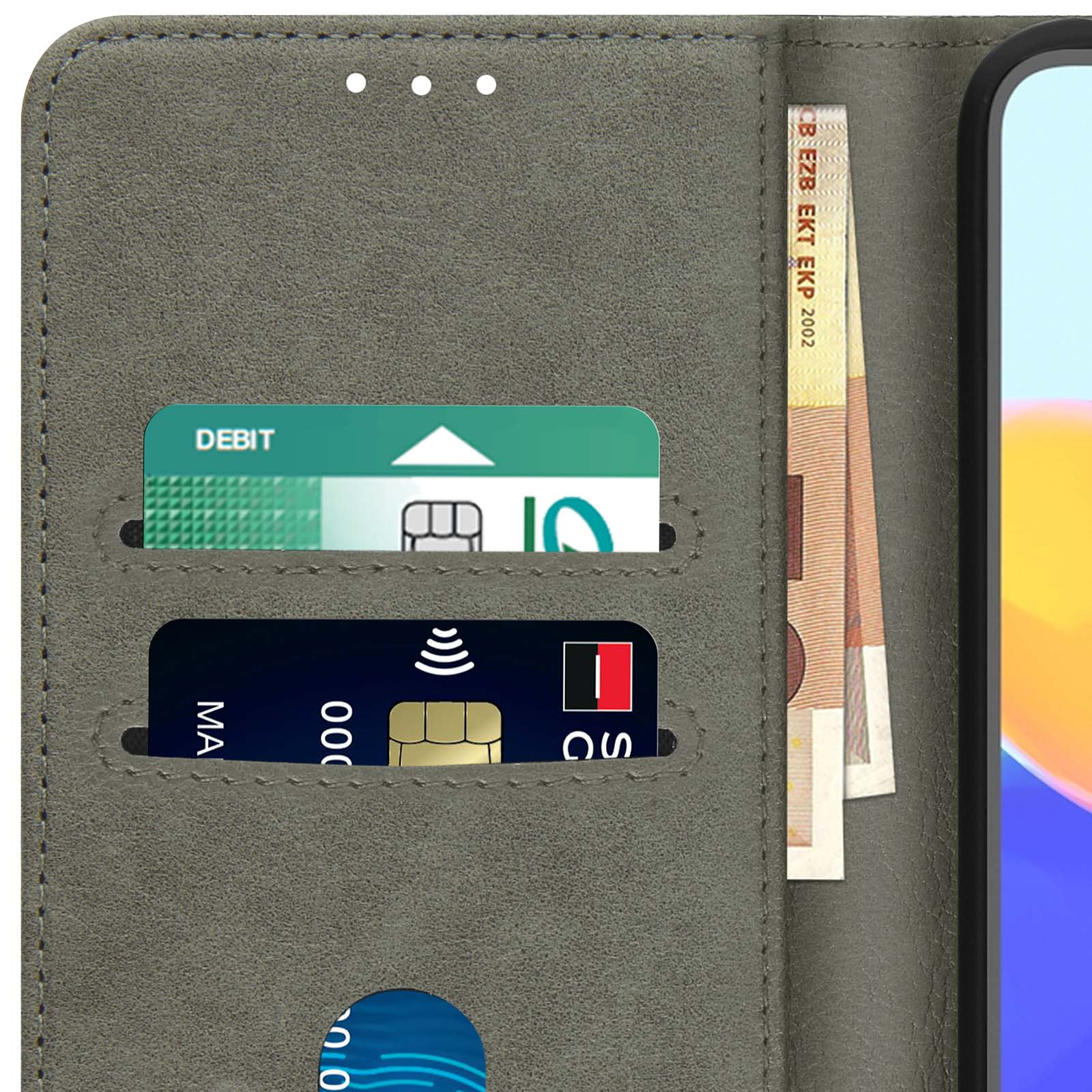 Innenansicht der Handyhülle mit Debitkarte, Kreditkarte und Bargeld. Graue Hülle.