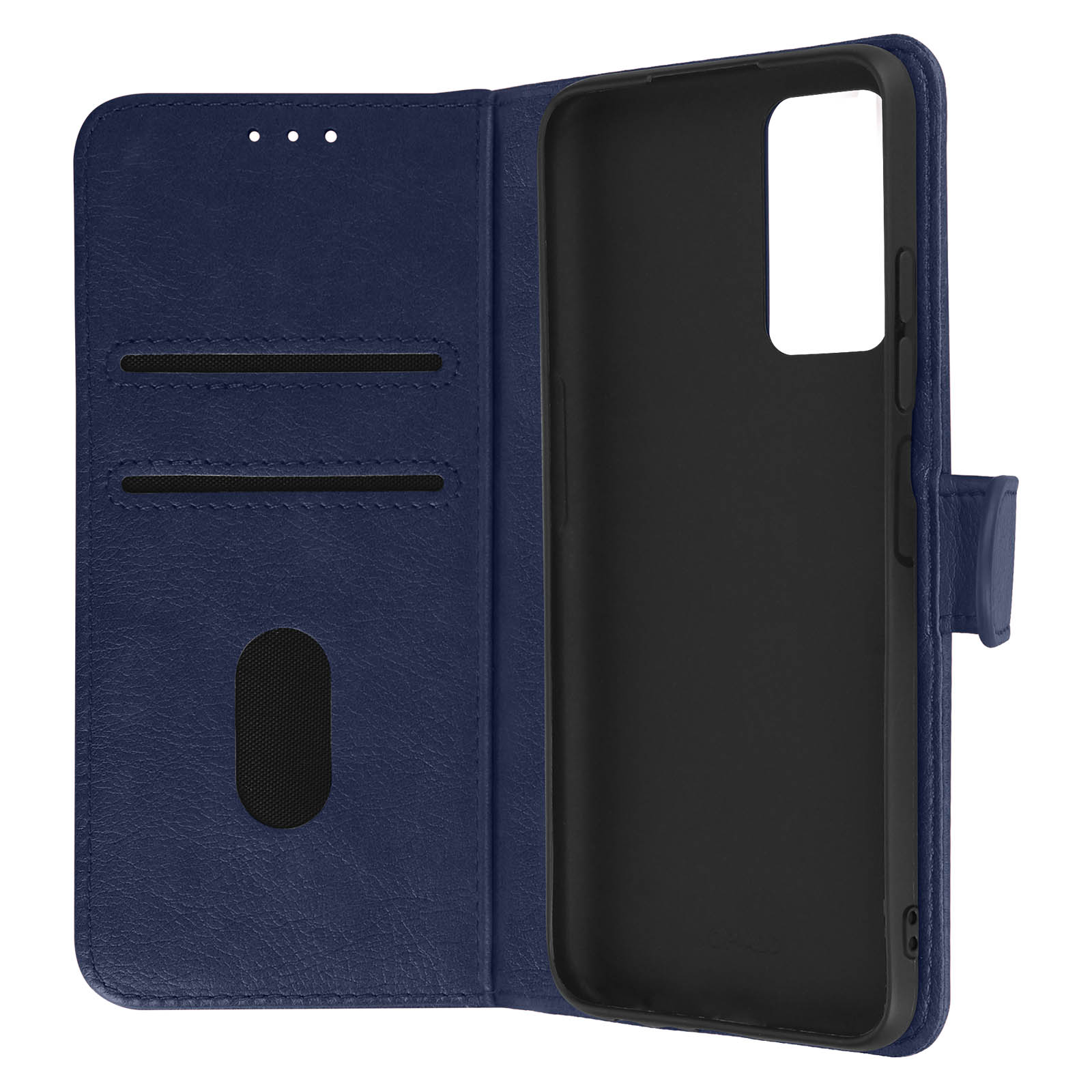 Custodia per telefono in pelle blu aperta, con scomparti per carte e supporto.