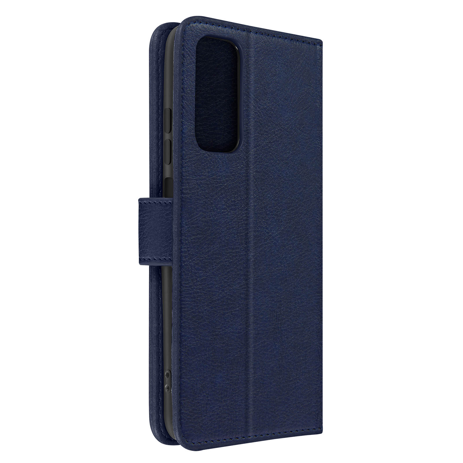 Una custodia per telefono in pelle blu è aperta, mostrando l'interno del telefono.