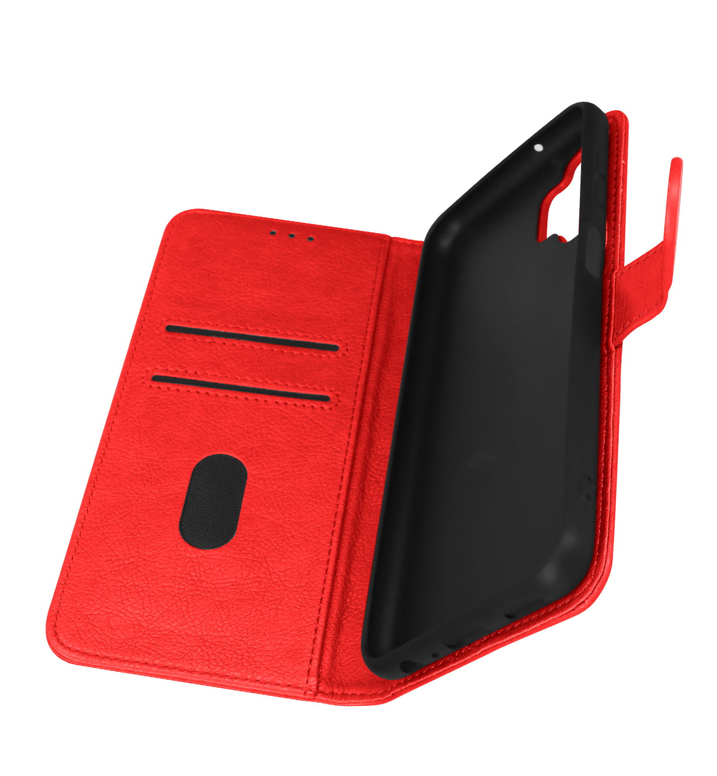 Une coque de téléphone rouge, ouverte pour révéler l'intérieur noir du téléphone. L'étui a des fentes pour cartes.