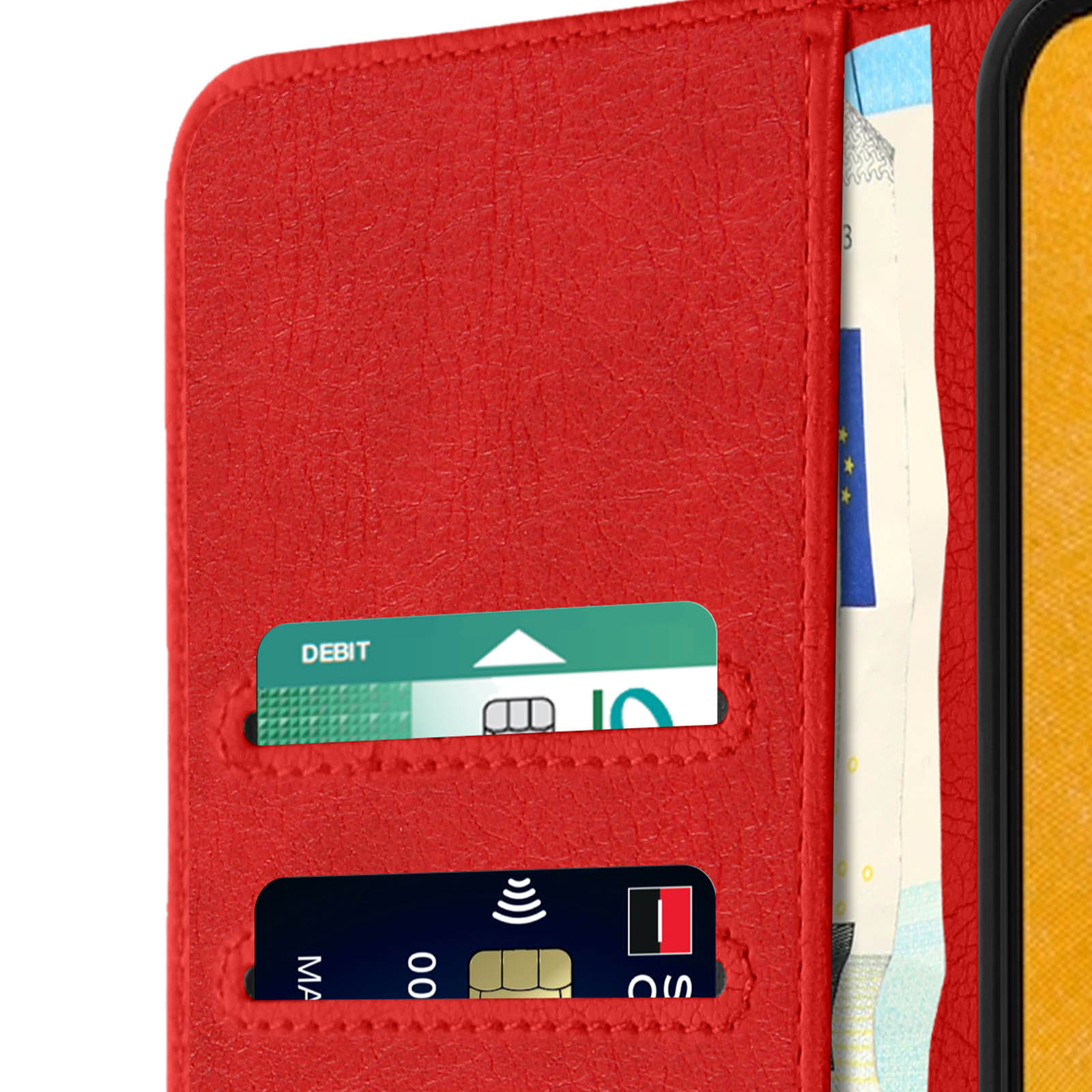 Étui de téléphone rouge avec fentes pour cartes ouvertes. Des cartes avec des symboles de débit et de paiement sans fil sont visibles.