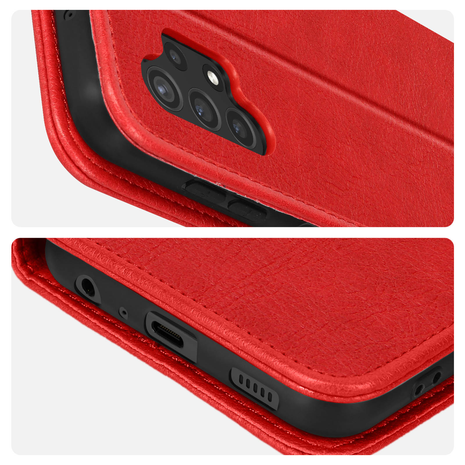 Gros plan d'une coque de téléphone rouge montrant la caméra et les boutons latéraux, l'étui est ouvert.