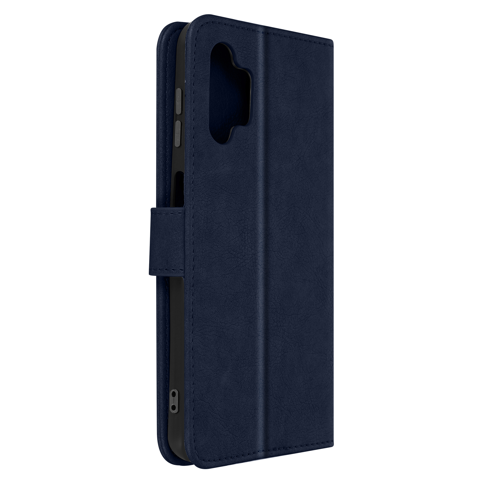 Étui de téléphone en cuir bleu foncé fermé avec un fermoir.