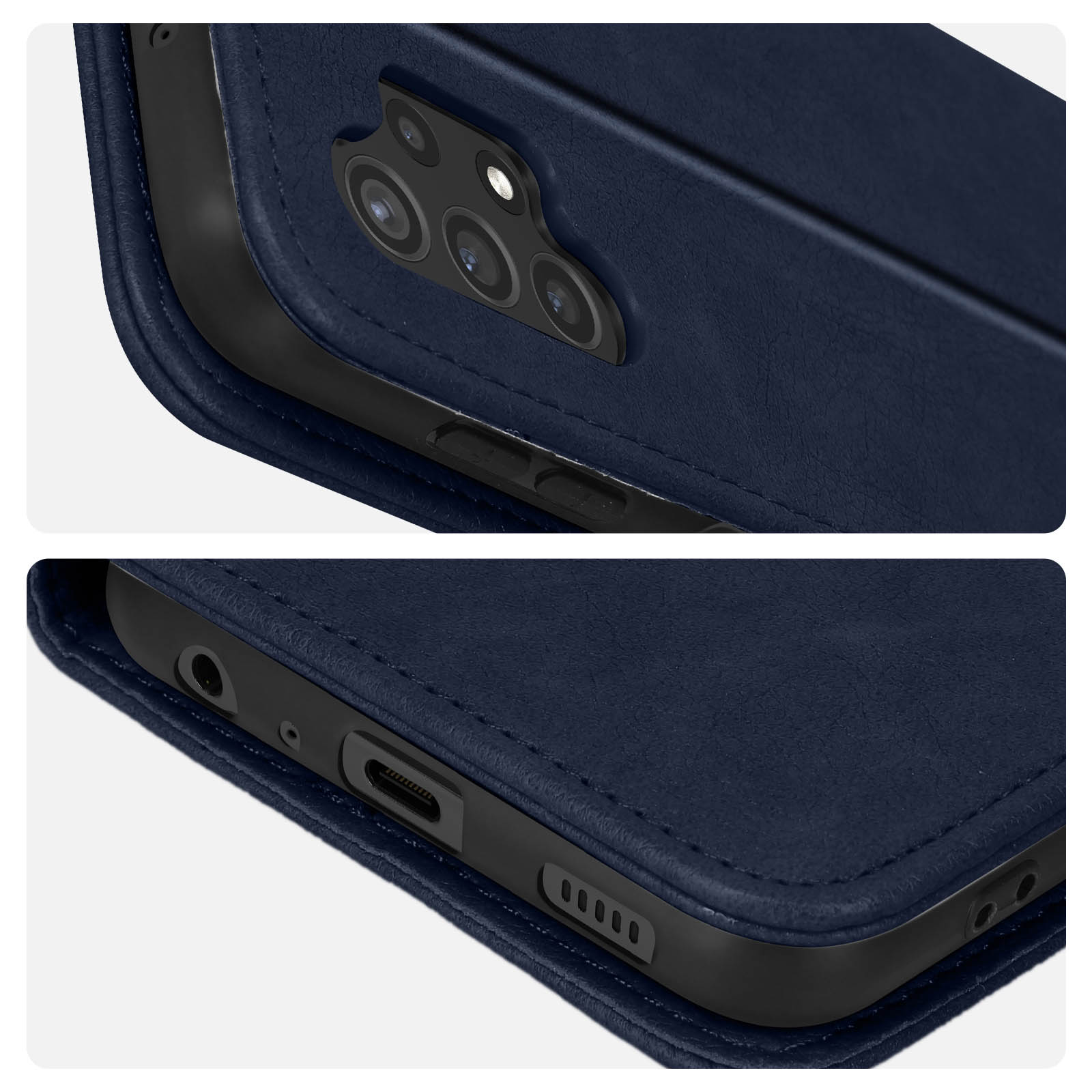 Gros plan d'une coque de téléphone bleue avec le détail de la caméra arrière du téléphone.