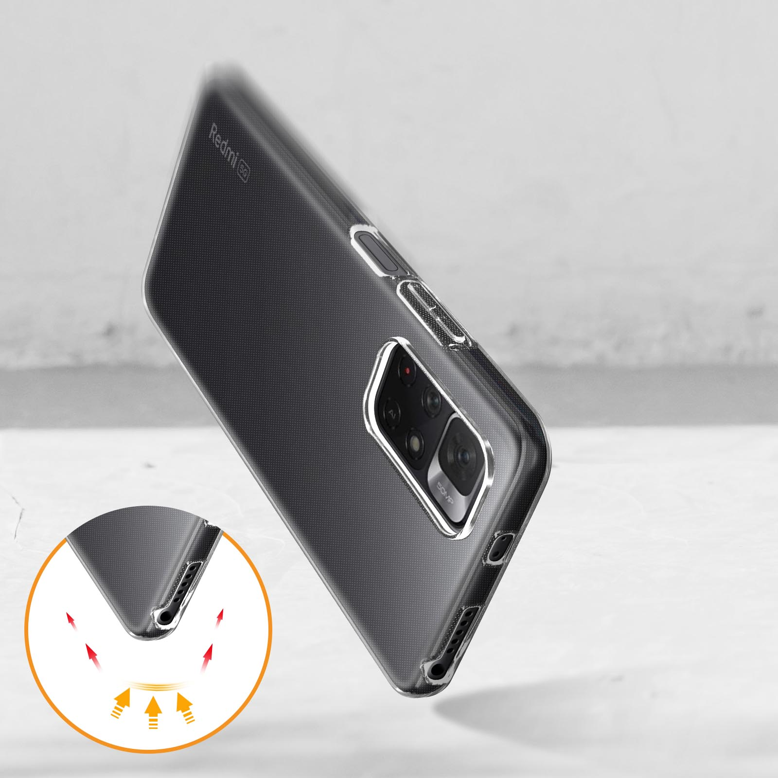 Custodia trasparente per telefono su una superficie grigia. La custodia ha un ritaglio per la fotocamera e un logo.