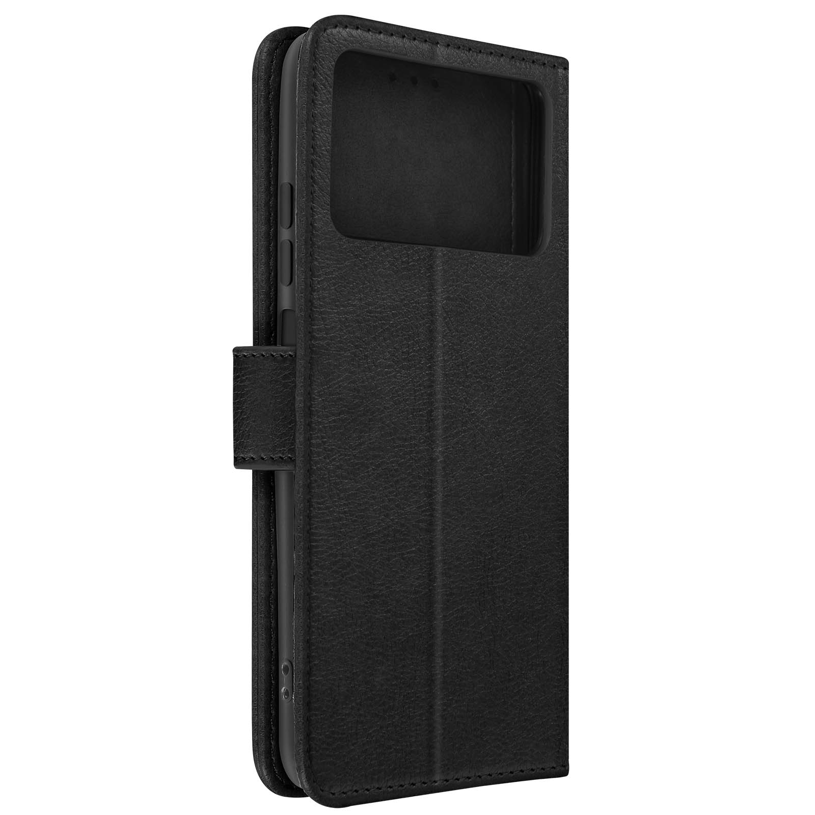 Custodia per telefono nera, aperta, che mostra uno schermo. Presenta un lembo di chiusura magnetica.