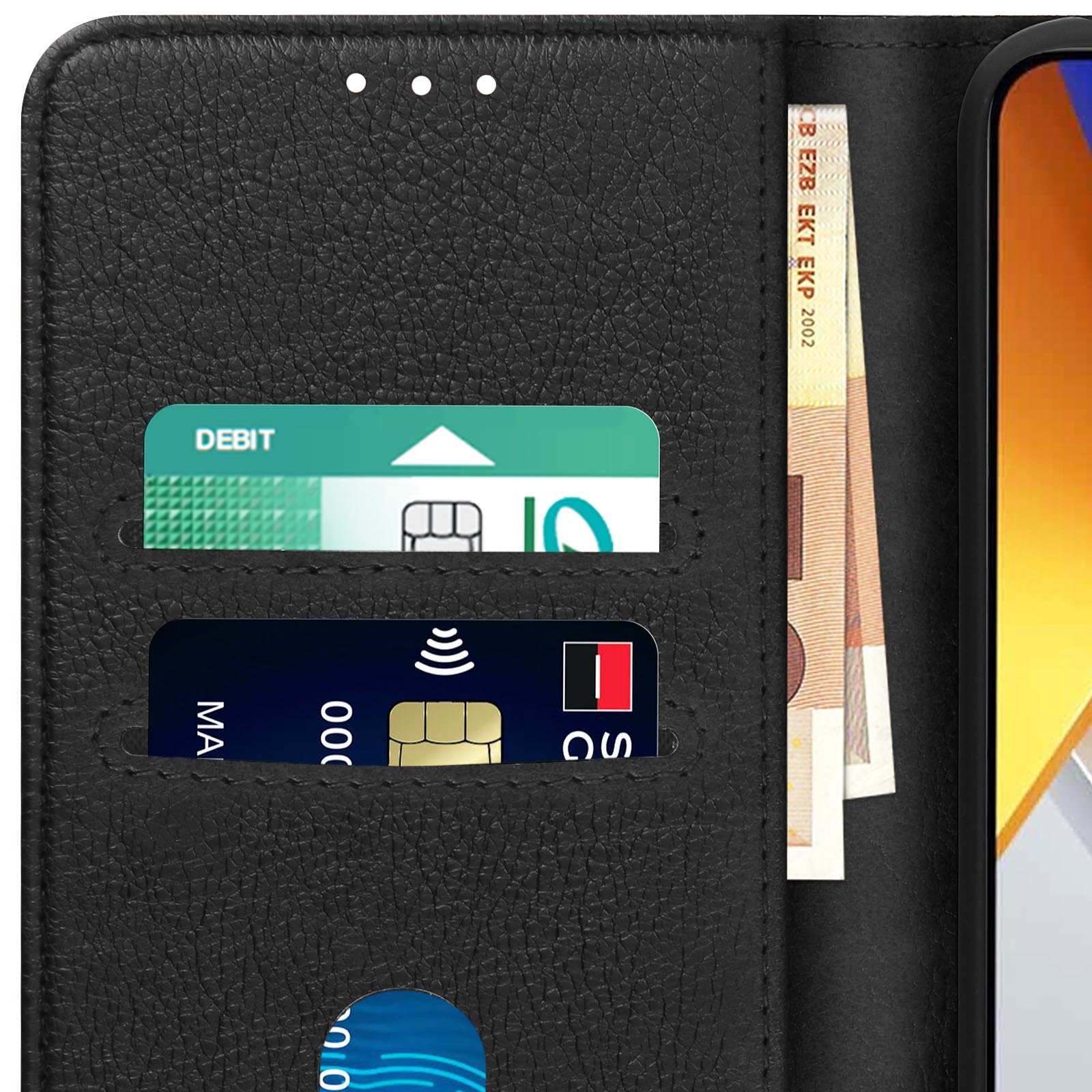 Custodia a portafoglio nera con carte di credito, contanti e schermo del telefono sul lato destro.