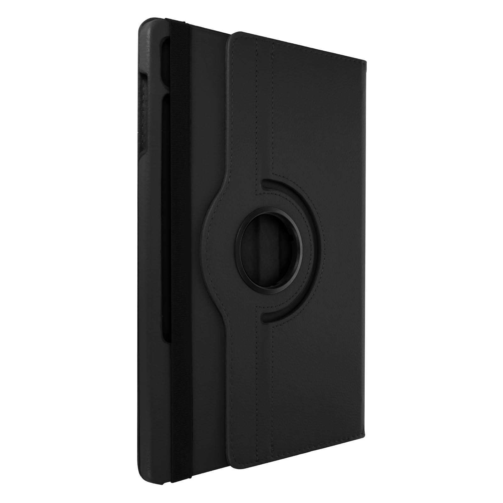 Custodia per tablet nera con anello rotante sul retro e chiusura con fascia elastica nera.