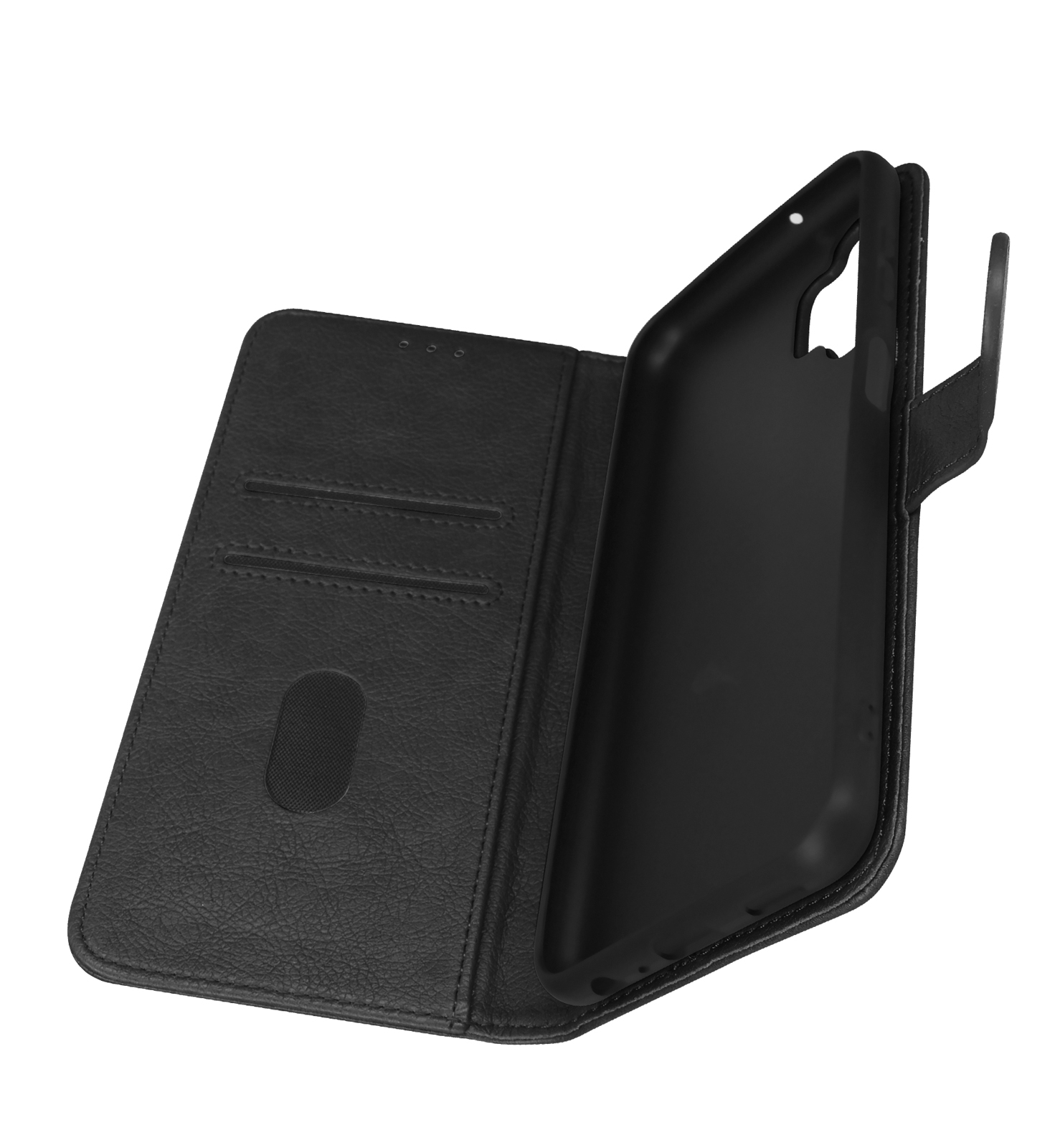 Een zwarte leren telefoonhoes, open. Het heeft kaartsleuven en een telefoonhouder.