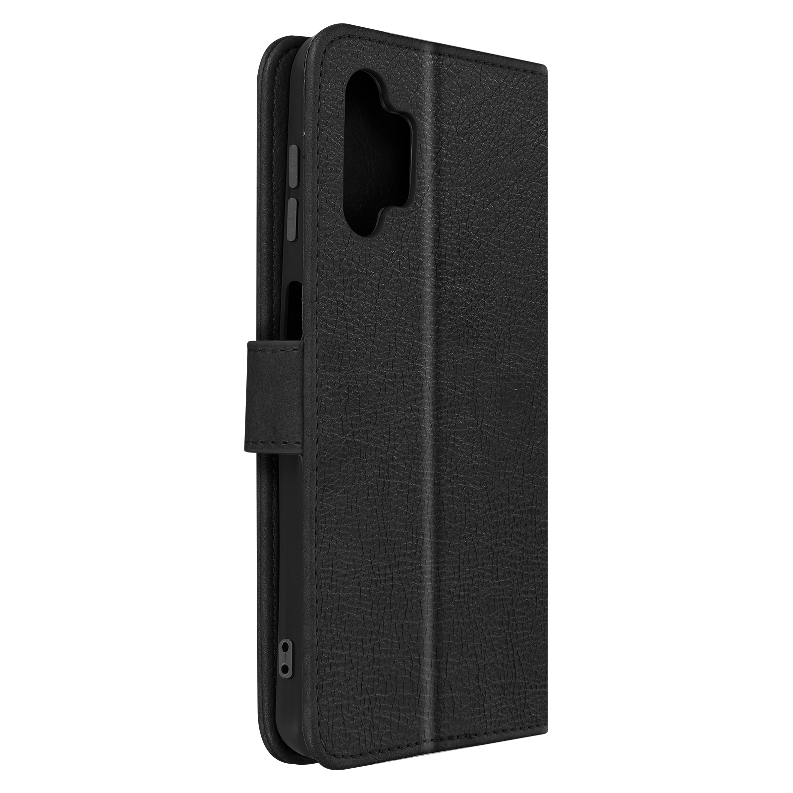 Gesloten zwarte lederen telefoonhoes. Met een textuuroppervlak en een magnetische sluiting.