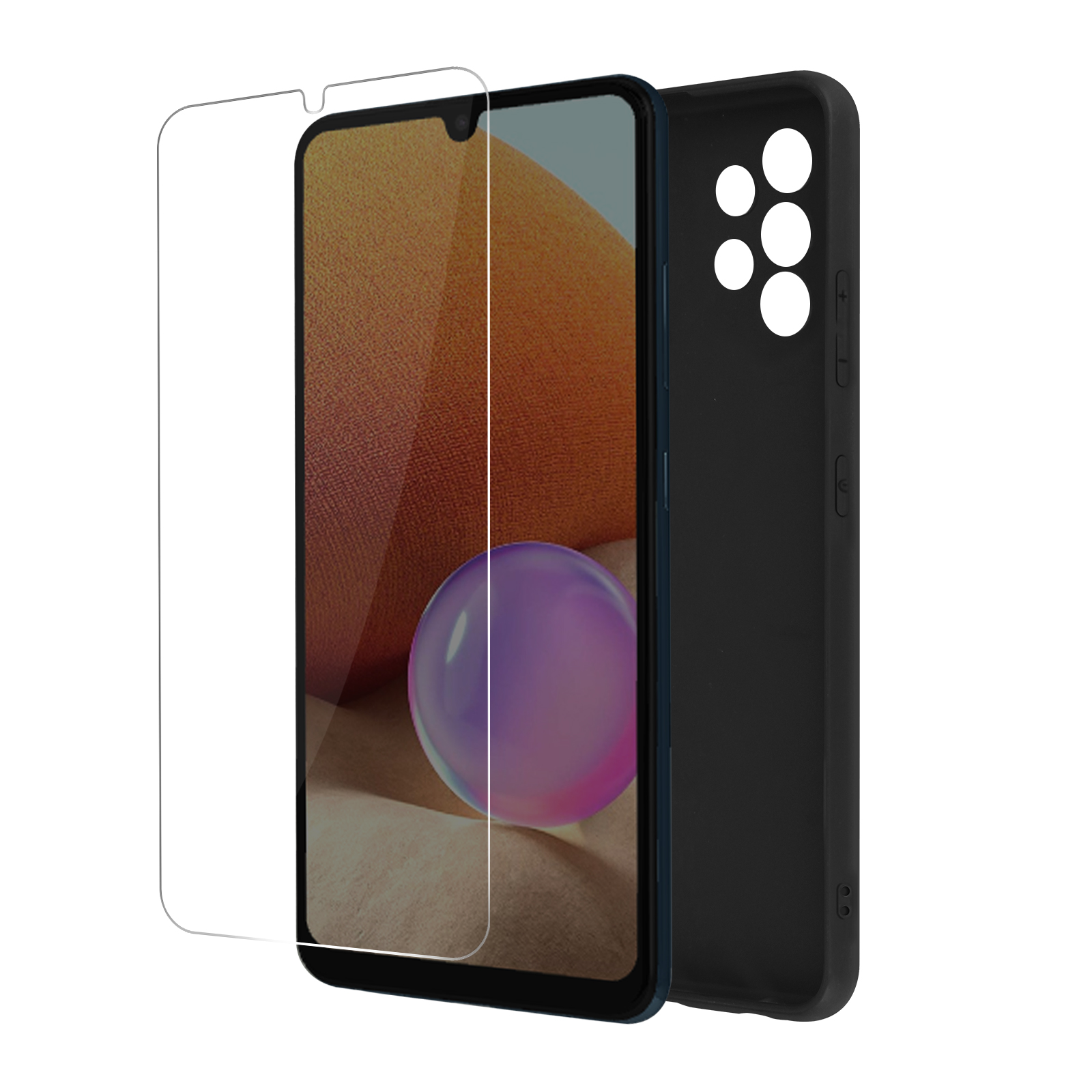 Custodia, telefono e protezione schermo. Custodia nera, protezione trasparente, telefono con display blu.