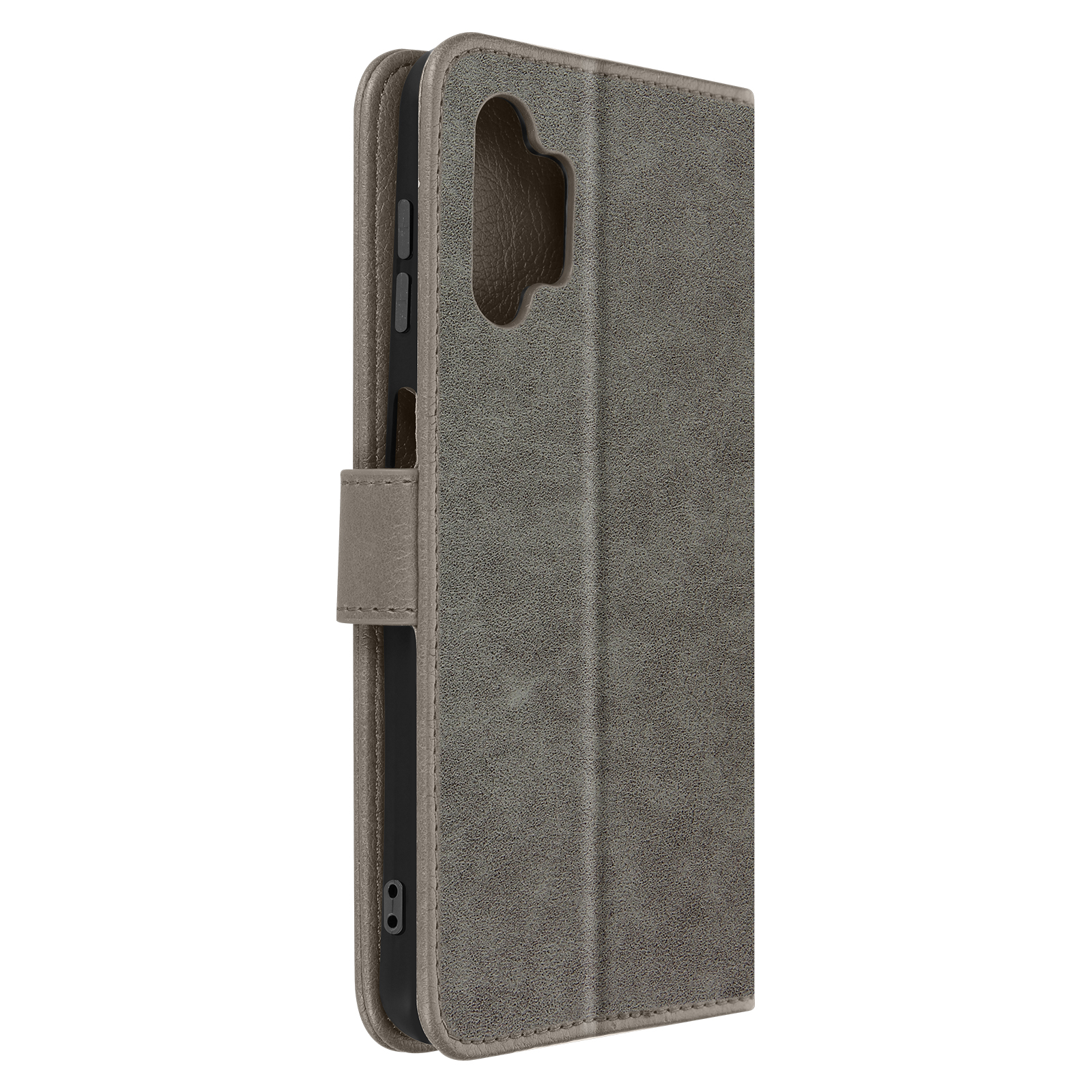 Coque de téléphone grise ouverte, montrant le côté du téléphone. La coque est texturée.