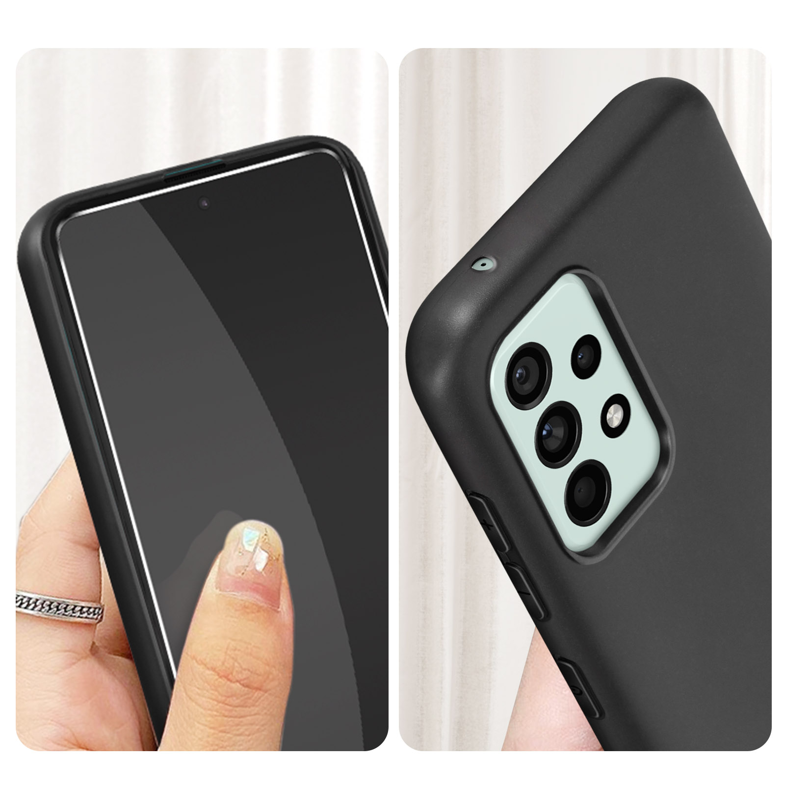 Primo piano di una custodia nera per telefono con protezione schermo, tenuta da una persona con un anello.